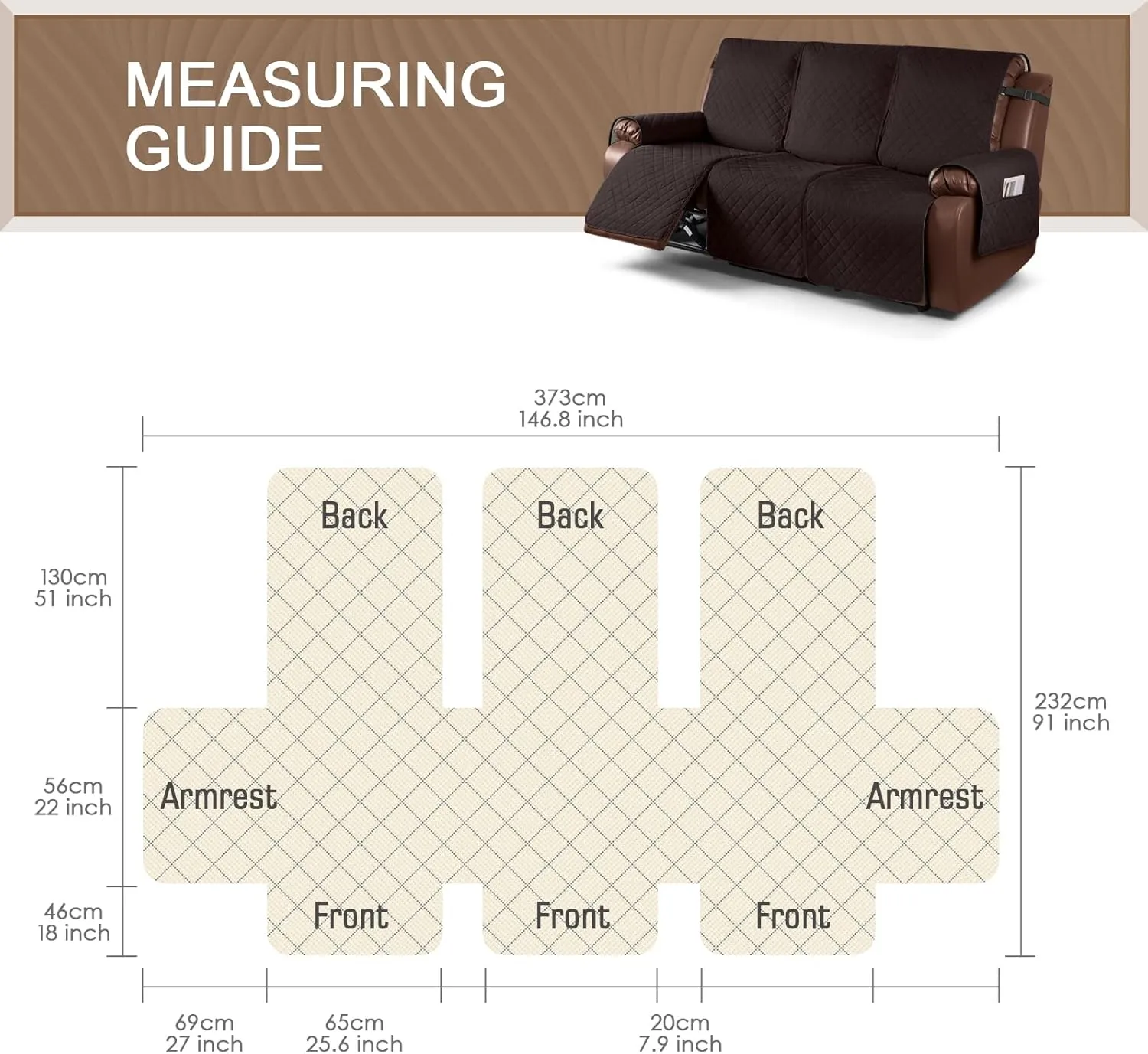 KinCam Waterproof Recliner Sofa Cover, Non-Slip Reclining Couch Covers for 3 Seat, Recliner Couch Cover Furniture Protector with Elastic Straps for Pets, Kids, Chocolate