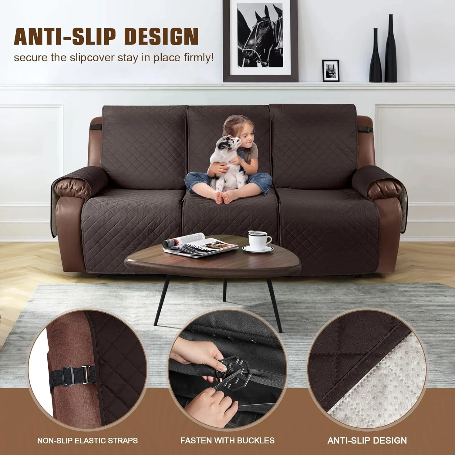 KinCam Waterproof Recliner Sofa Cover, Non-Slip Reclining Couch Covers for 3 Seat, Recliner Couch Cover Furniture Protector with Elastic Straps for Pets, Kids, Chocolate