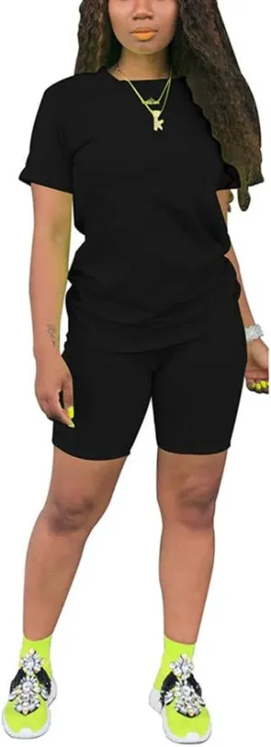 KINIKO Women's 2 Piece Casual Fashion Sports Solid Color Suit short Sleeve top and Pants Set Sweatshirt