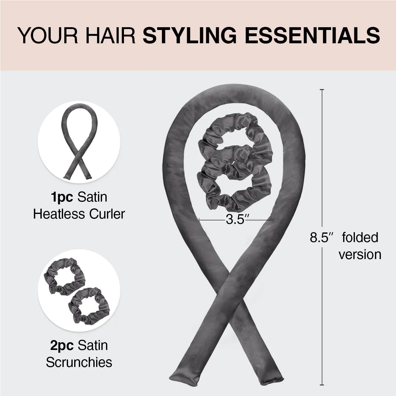 Kitsch Satin Heatless Hair Curler Set - Heatless Curls Overnight, Hair Rollers for Soft Curls & Frizz-Free Styling, No Heat Curlers To Sleep in, Curling Rod Headband with 2 Scrunchies - Charcoal