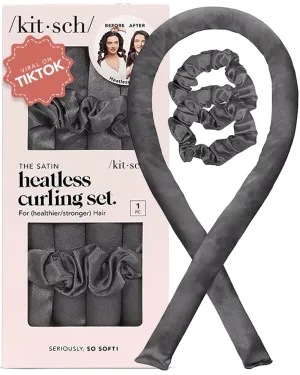 Kitsch Satin Heatless Hair Curler Set - Heatless Curls Overnight, Hair Rollers for Soft Curls & Frizz-Free Styling, No Heat Curlers To Sleep in, Curling Rod Headband with 2 Scrunchies - Charcoal
