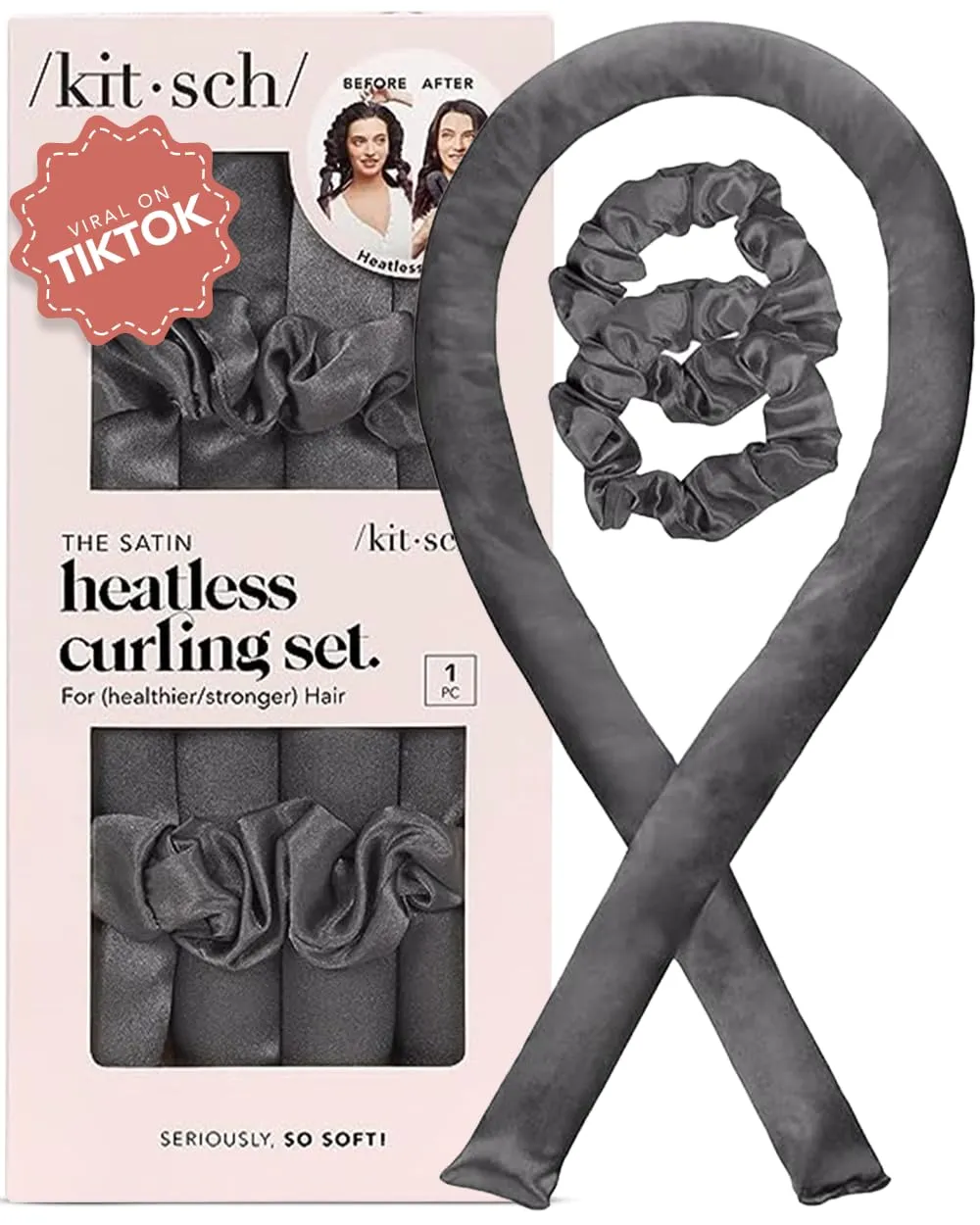 Kitsch Satin Heatless Hair Curler Set - Heatless Curls Overnight, Hair Rollers for Soft Curls & Frizz-Free Styling, No Heat Curlers To Sleep in, Curling Rod Headband with 2 Scrunchies - Charcoal