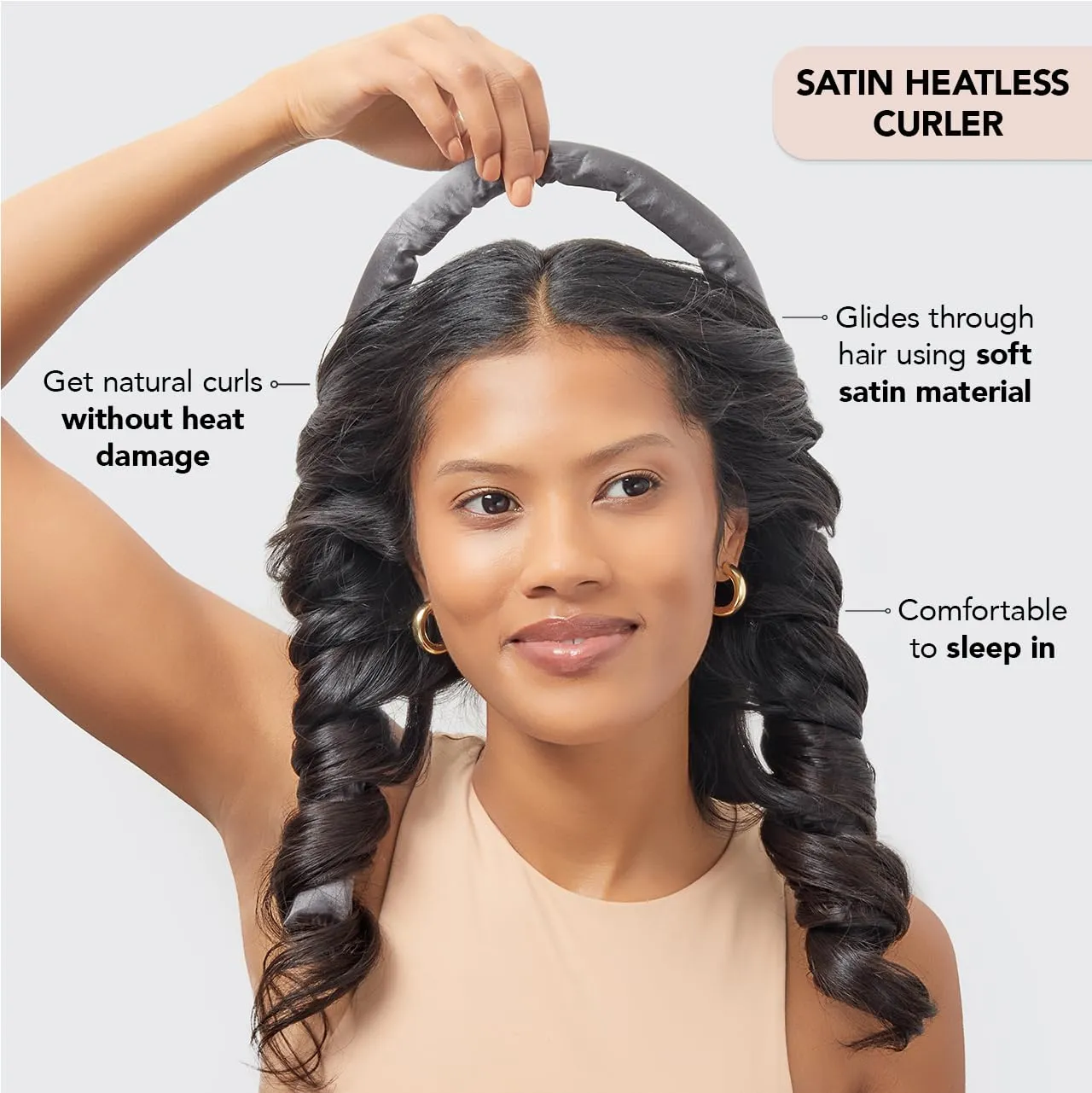 Kitsch Satin Heatless Hair Curler Set - Heatless Curls Overnight, Hair Rollers for Soft Curls & Frizz-Free Styling, No Heat Curlers To Sleep in, Curling Rod Headband with 2 Scrunchies - Charcoal