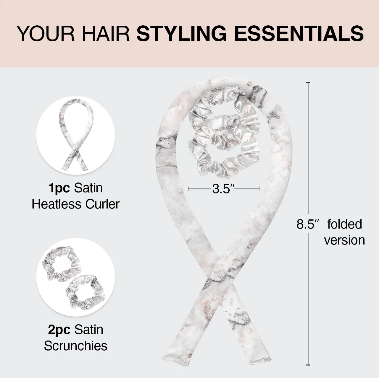 Kitsch Satin Heatless Hair Curler Set - Heatless Curls Overnight, Hair Rollers for Soft Curls & Frizz-Free Styling, No Heat Curlers To Sleep in, Curling Rod Headband with 2 Scrunchies - Marble