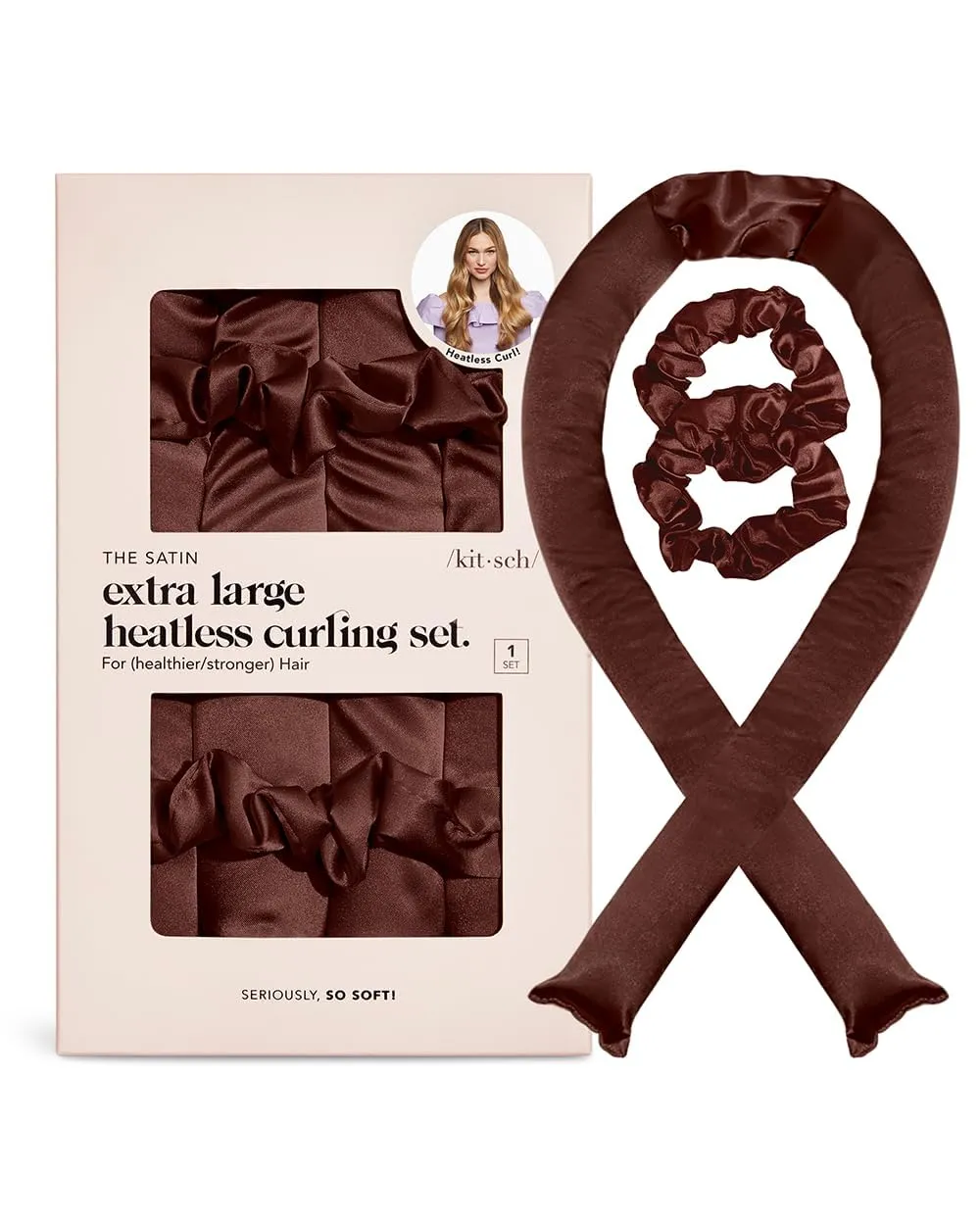 Kitsch XL Satin Heatless Hair Curler Set - Heatless Curls Overnight, Hair Rollers for Soft Curls & Frizz-Free Styling, No Heat Curlers To Sleep in, Jumbo Curling Rod Headband - Chocolate