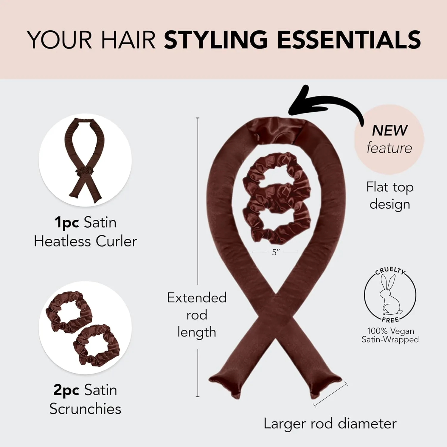 Kitsch XL Satin Heatless Hair Curler Set - Heatless Curls Overnight, Hair Rollers for Soft Curls & Frizz-Free Styling, No Heat Curlers To Sleep in, Jumbo Curling Rod Headband - Chocolate