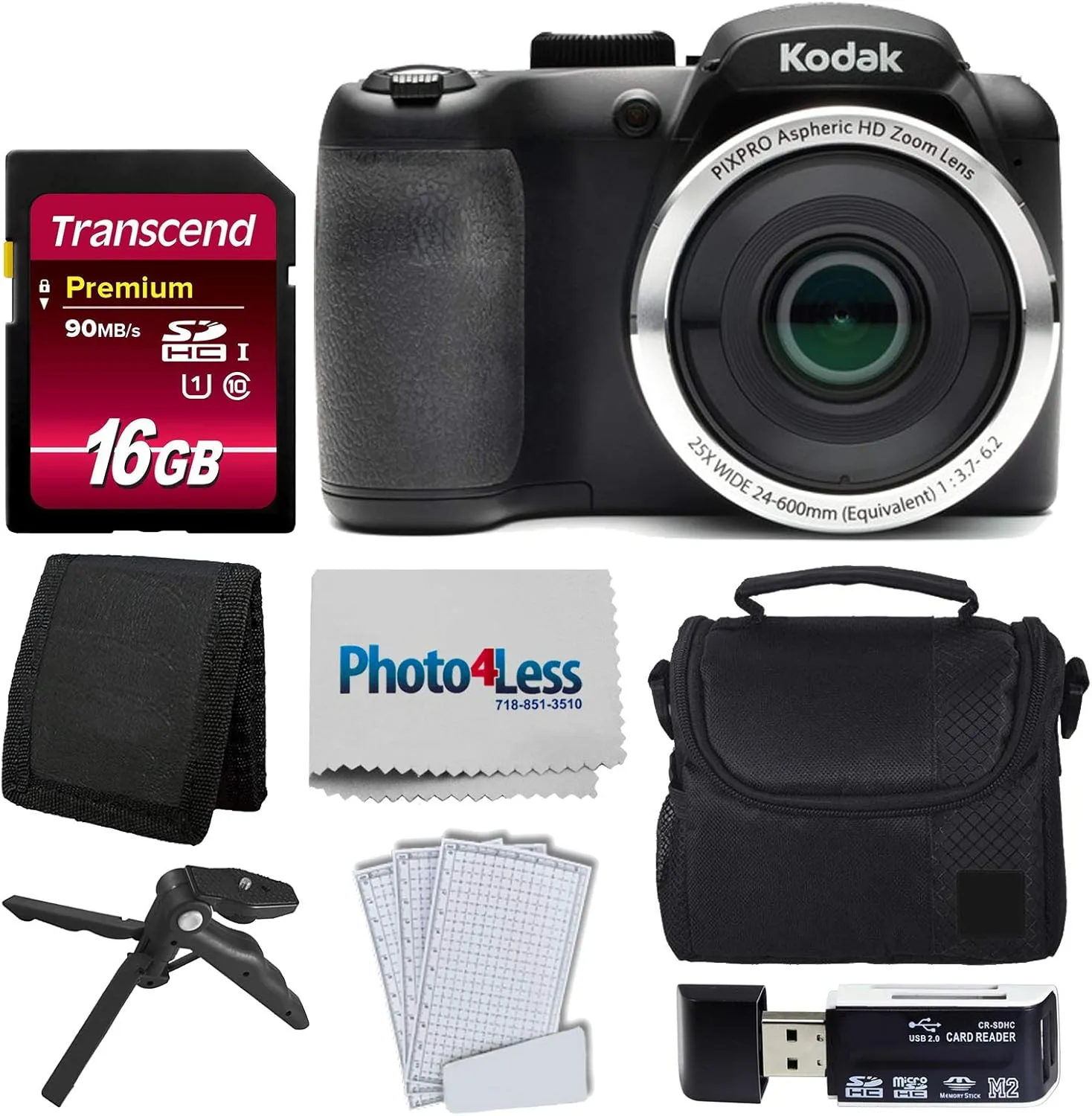 Kodak PIXPRO AZ252 Astro Zoom 16MP Digital Camera (Black) Bundle with Point & Shoot Camera Case   Transcend 16GB SDHC Class10 UHS-I Card 400X Memory Card   USB Card Reader   Table Tripod (8 Items)