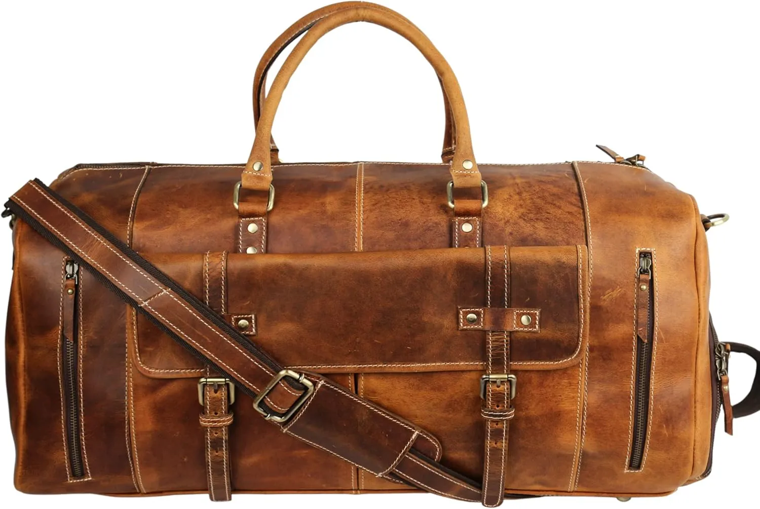 KomalC Leather Duffel Bags for Men and Women Full Grain Leather Travel Overnight Weekend Leather Bags Sports Gym Duffel for Men (Tan, 24 Inch)