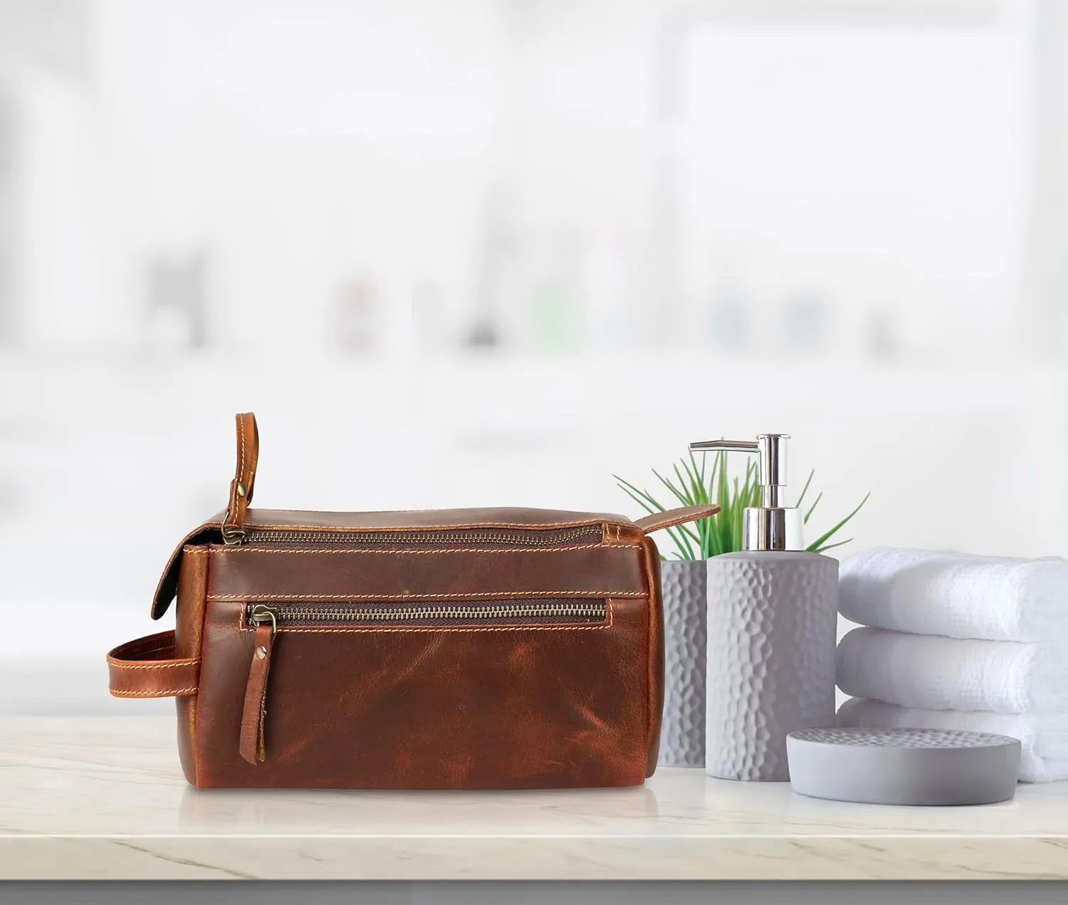 KomalC Premium Buffalo Leather Unisex Toiletry Bag Travel Dopp Kit