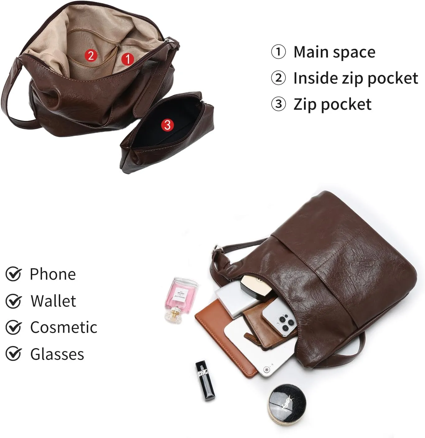 LAORENTOU Soft Leather Designer Shoulder Bag for Women, Medium Tote Bag for Ladies with Adjustable Strap, Hobo Style Purse