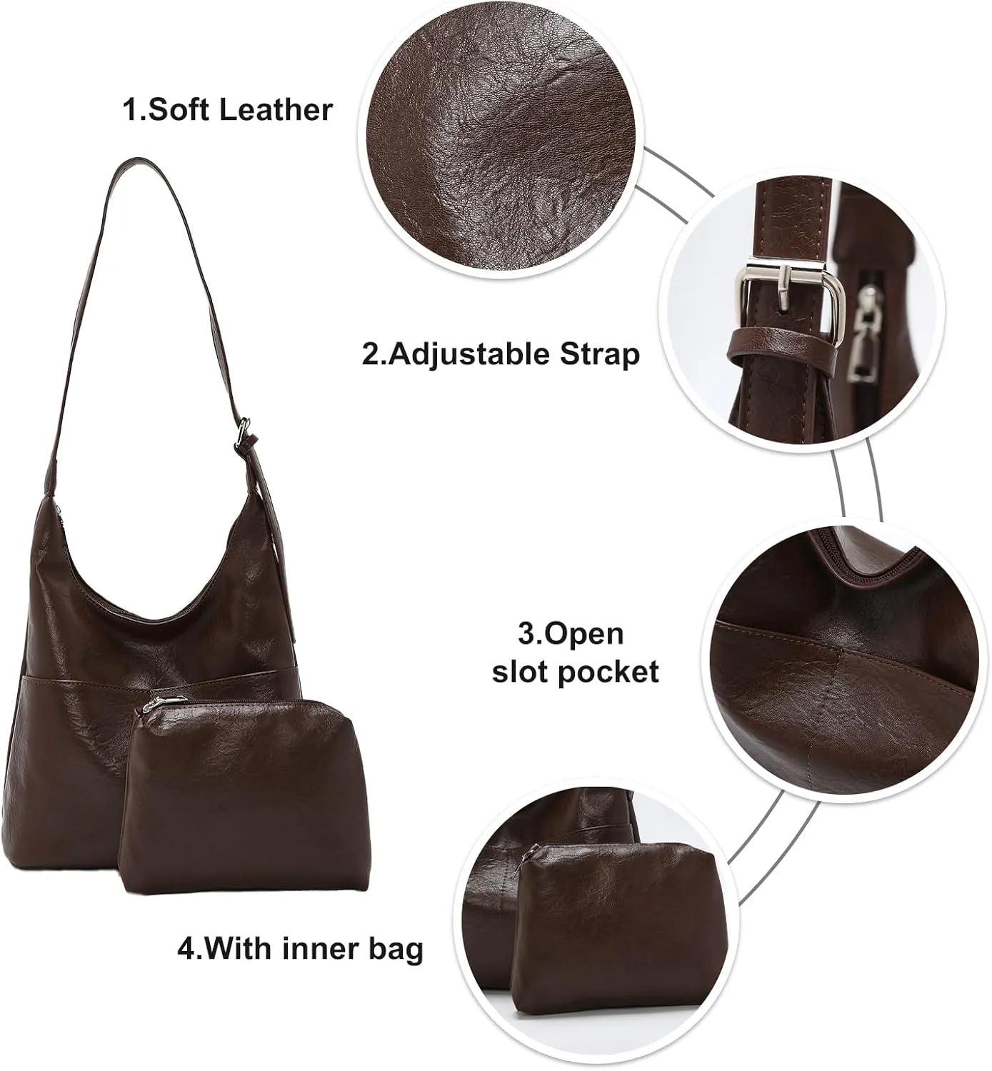 LAORENTOU Soft Leather Designer Shoulder Bag for Women, Medium Tote Bag for Ladies with Adjustable Strap, Hobo Style Purse
