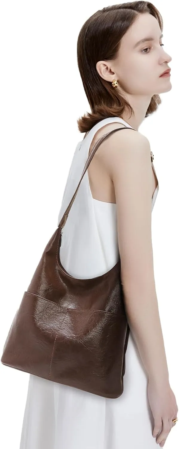 LAORENTOU Soft Leather Designer Shoulder Bag for Women, Medium Tote Bag for Ladies with Adjustable Strap, Hobo Style Purse