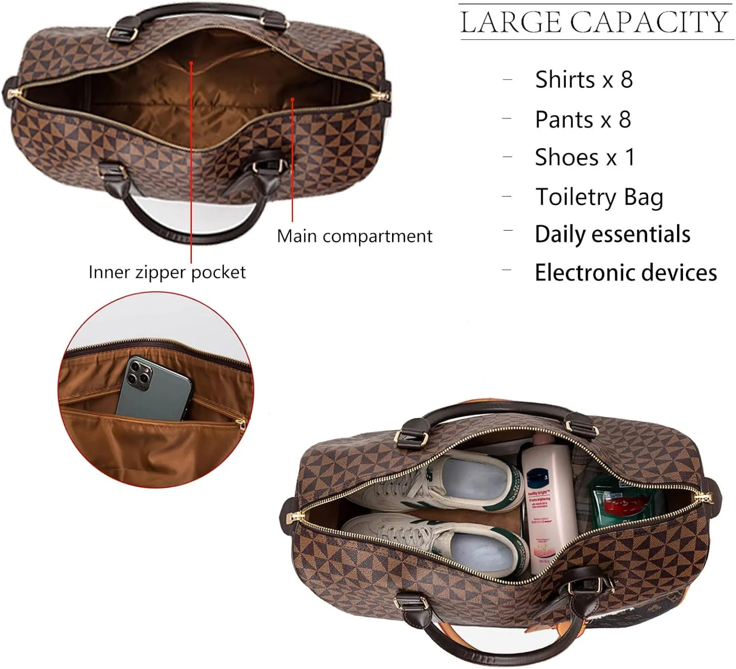 Large capacity Lightweight Weekender Bag Travel Duffel Bag for Women Men Overnight with Toiletry Bag Traveling Handbag for Gym Holiday (Brown)
