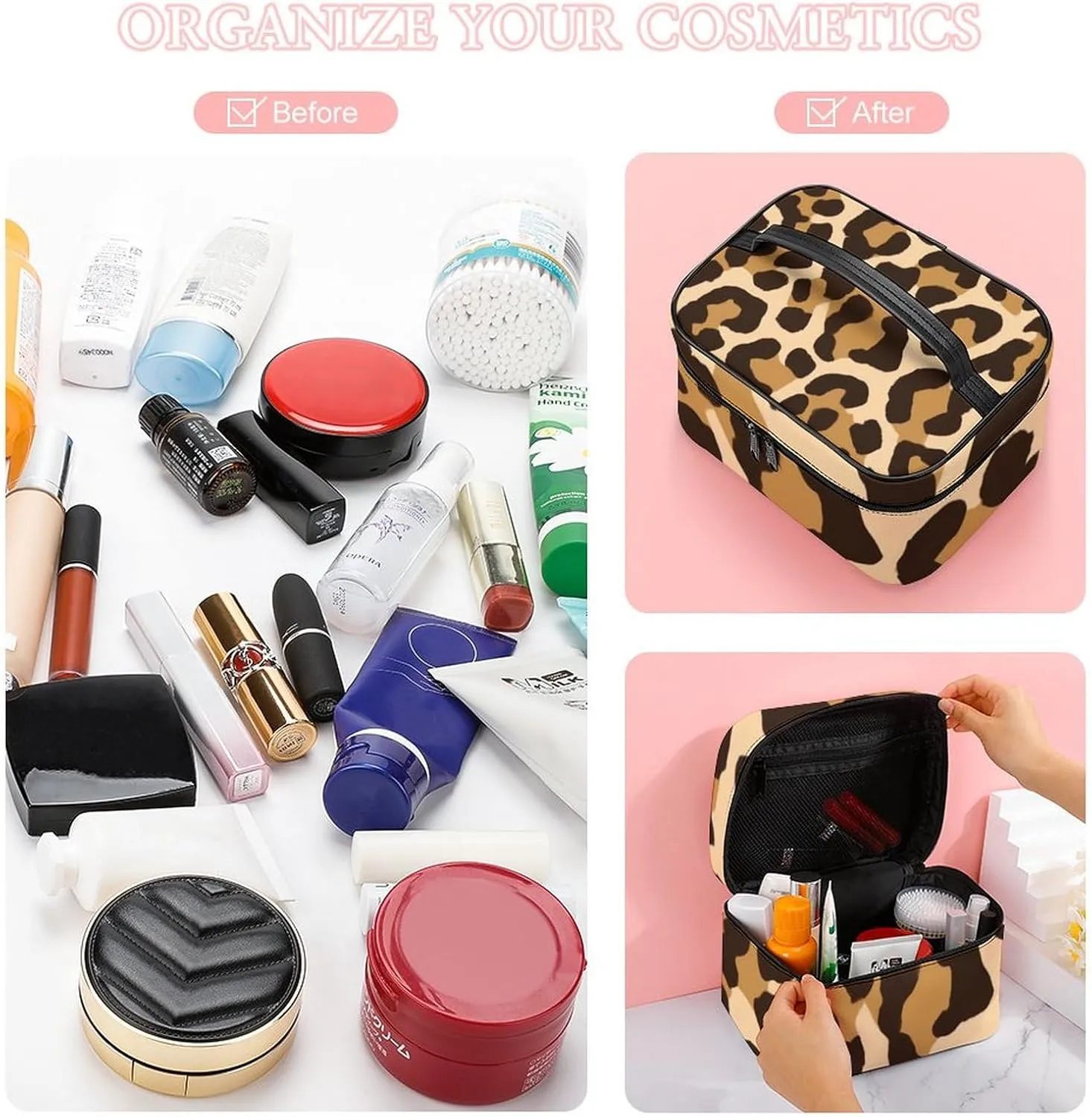 Large Capacity Makeup Bag for Women, Multifunctional Portable Cosmetic Case Wild Cheetah Leopard Print Toiletry Organizer Bag Travel Accessories