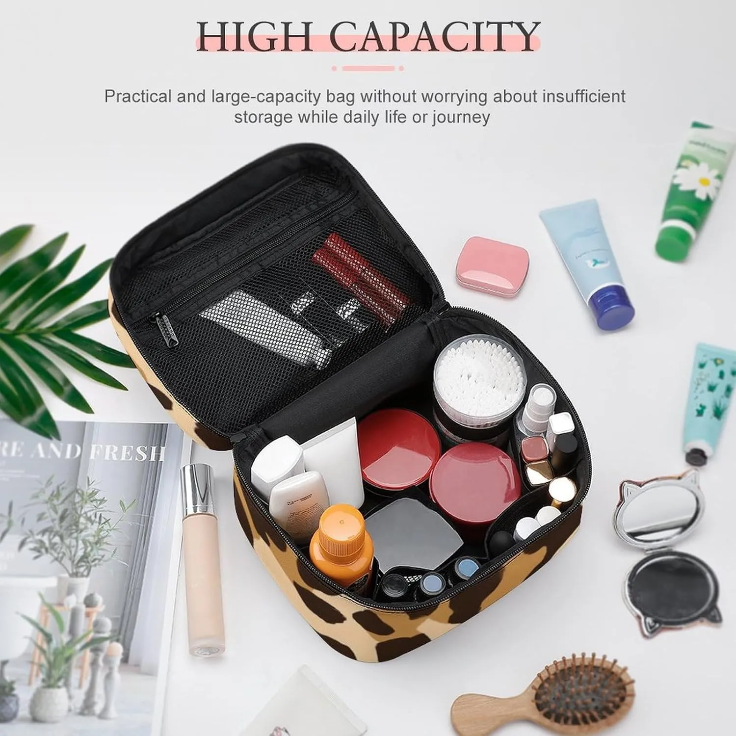 Large Capacity Makeup Bag for Women, Multifunctional Portable Cosmetic Case Wild Cheetah Leopard Print Toiletry Organizer Bag Travel Accessories