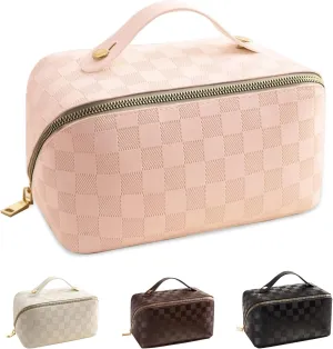 Large Capacity Makeup Bag, Travel Cosmetic Bag, PU Leather Makeup Pouches for Women, Waterproof Portable Large Wide-open Pouch with Divider and Handle for Travel Makeup Bag (pink)