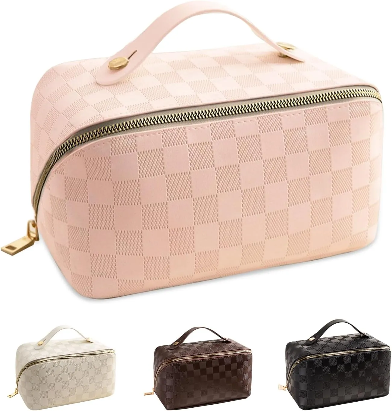 Large Capacity Makeup Bag, Travel Cosmetic Bag, PU Leather Makeup Pouches for Women, Waterproof Portable Large Wide-open Pouch with Divider and Handle for Travel Makeup Bag (pink)