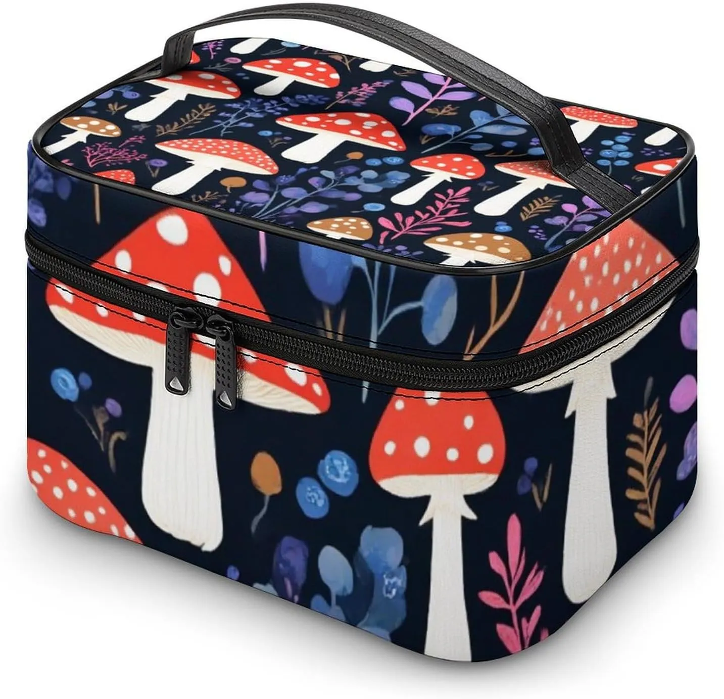 Large Capacity Makeup Organizer Bag, Portable Stylish Cosmetic Case with Zipper Pouch Autumn Fall Leaves Cool Mushrooms Toiletry Storage Bag Travel Accessories
