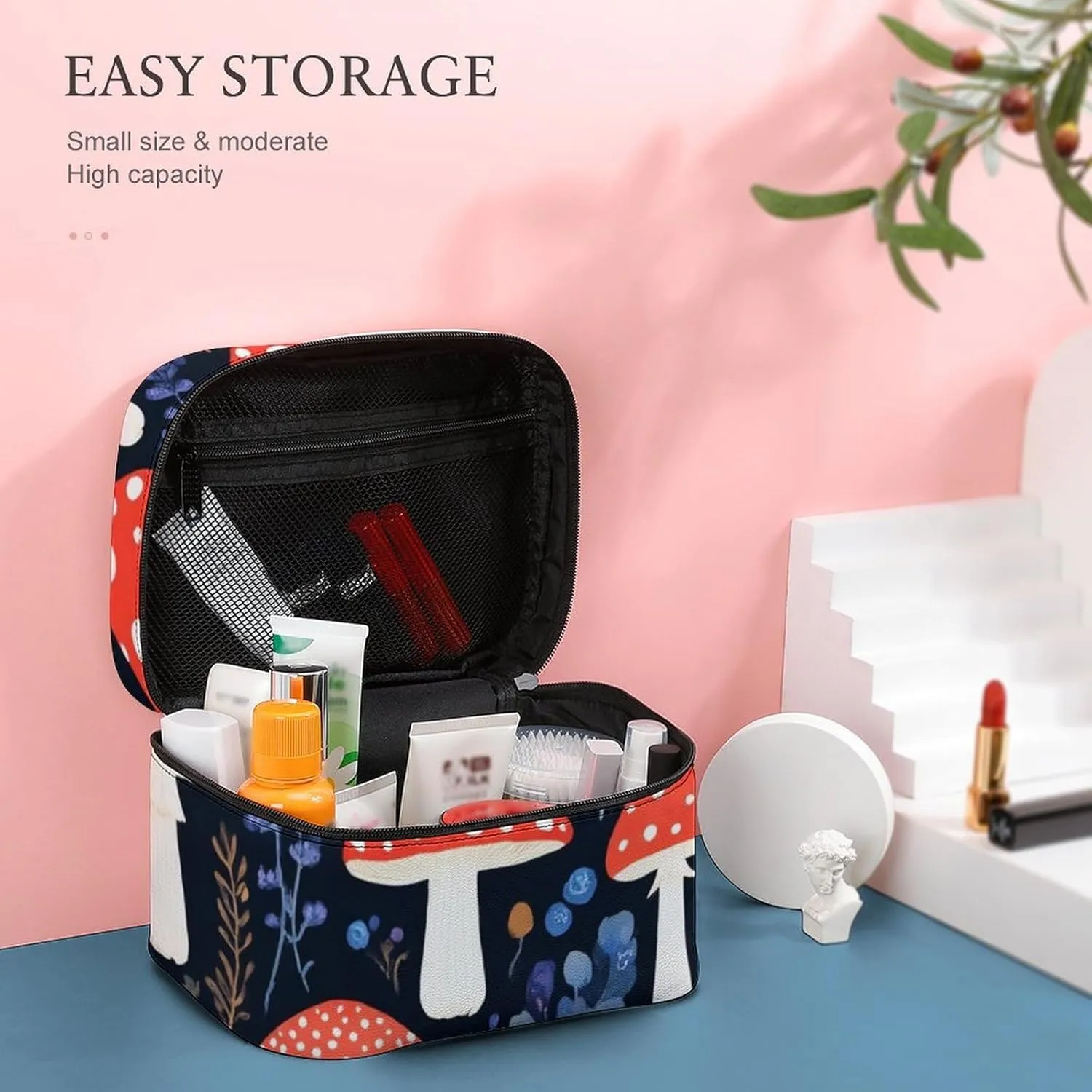 Large Capacity Makeup Organizer Bag, Portable Stylish Cosmetic Case with Zipper Pouch Autumn Fall Leaves Cool Mushrooms Toiletry Storage Bag Travel Accessories