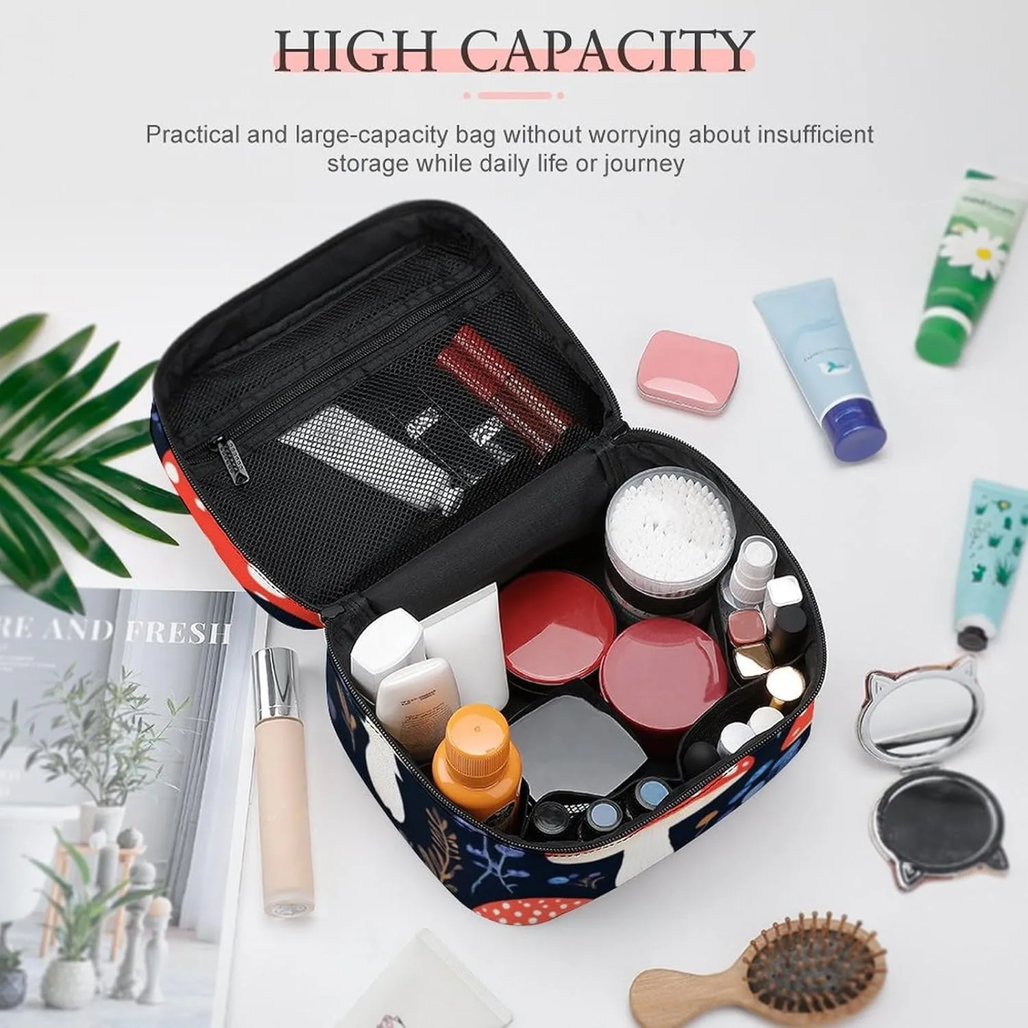 Large Capacity Makeup Organizer Bag, Portable Stylish Cosmetic Case with Zipper Pouch Autumn Fall Leaves Cool Mushrooms Toiletry Storage Bag Travel Accessories
