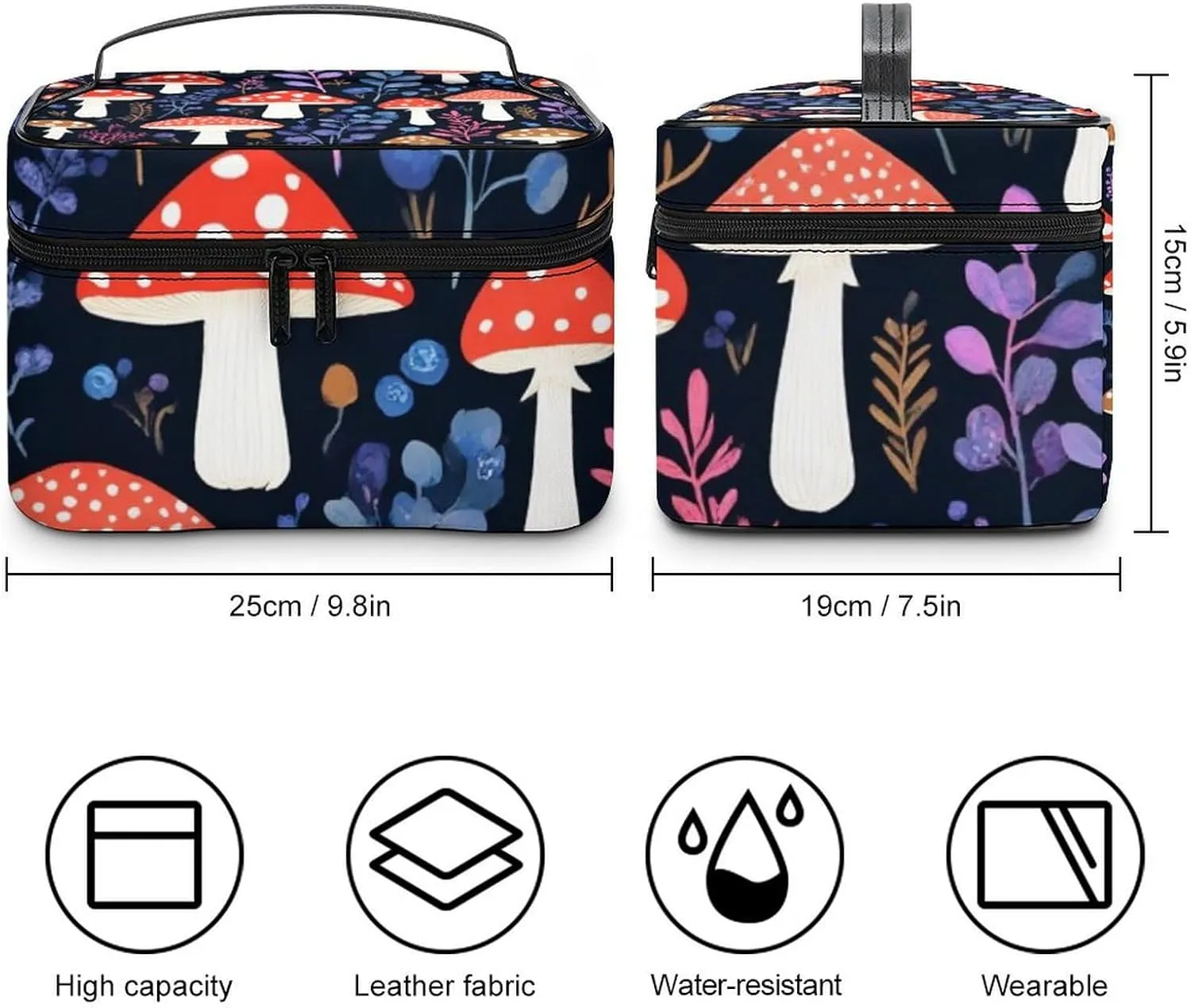 Large Capacity Makeup Organizer Bag, Portable Stylish Cosmetic Case with Zipper Pouch Autumn Fall Leaves Cool Mushrooms Toiletry Storage Bag Travel Accessories