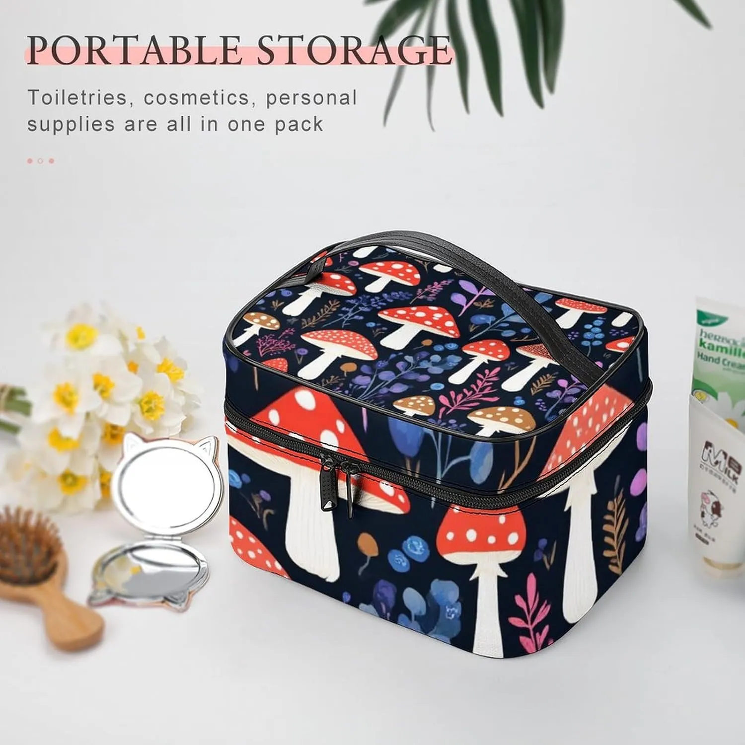 Large Capacity Makeup Organizer Bag, Portable Stylish Cosmetic Case with Zipper Pouch Autumn Fall Leaves Cool Mushrooms Toiletry Storage Bag Travel Accessories