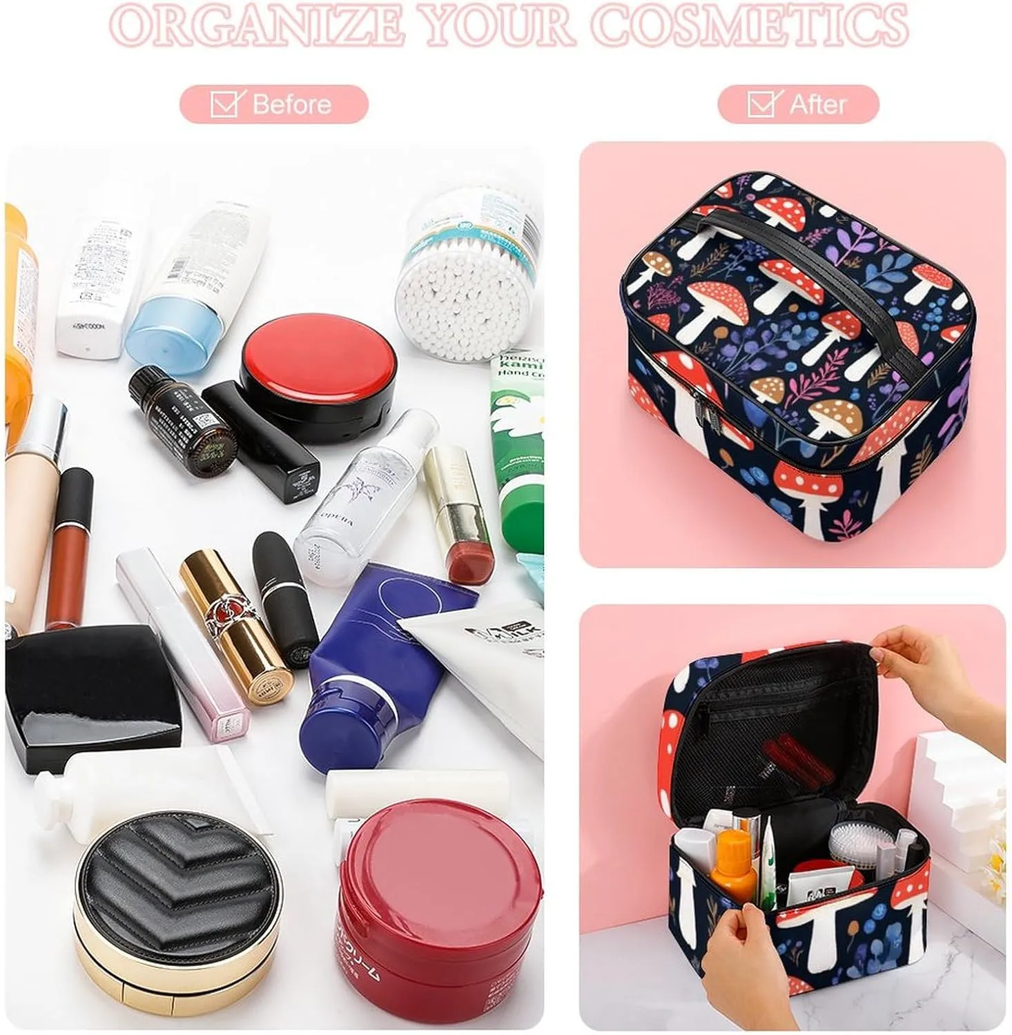 Large Capacity Makeup Organizer Bag, Portable Stylish Cosmetic Case with Zipper Pouch Autumn Fall Leaves Cool Mushrooms Toiletry Storage Bag Travel Accessories