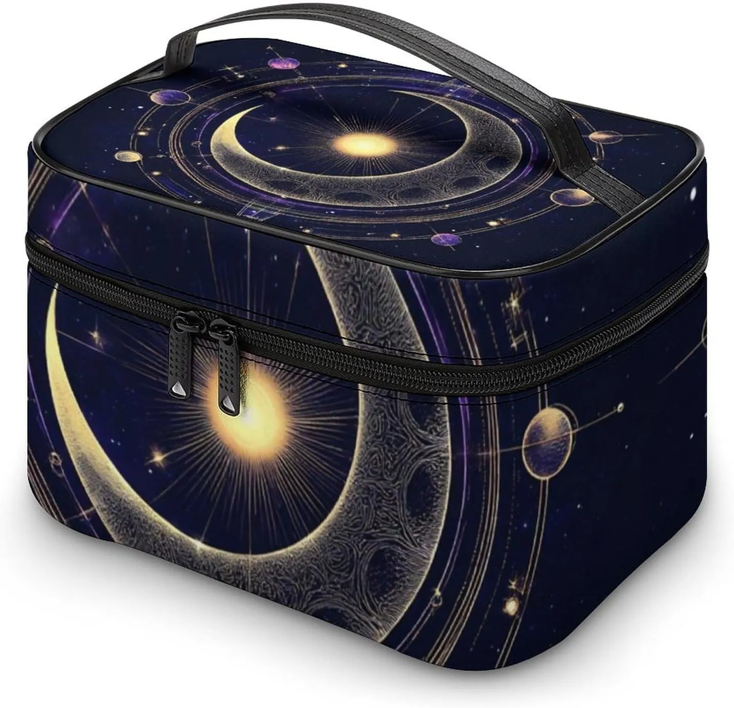 Large Capacity Makeup Organizer Bag, Portable Stylish Cosmetic Case with Zipper Pouch Sacred Geometric Symbol Purple Space Galaxy Stars Mystic Sun Moon Toiletry Storage Bag Travel Accessories