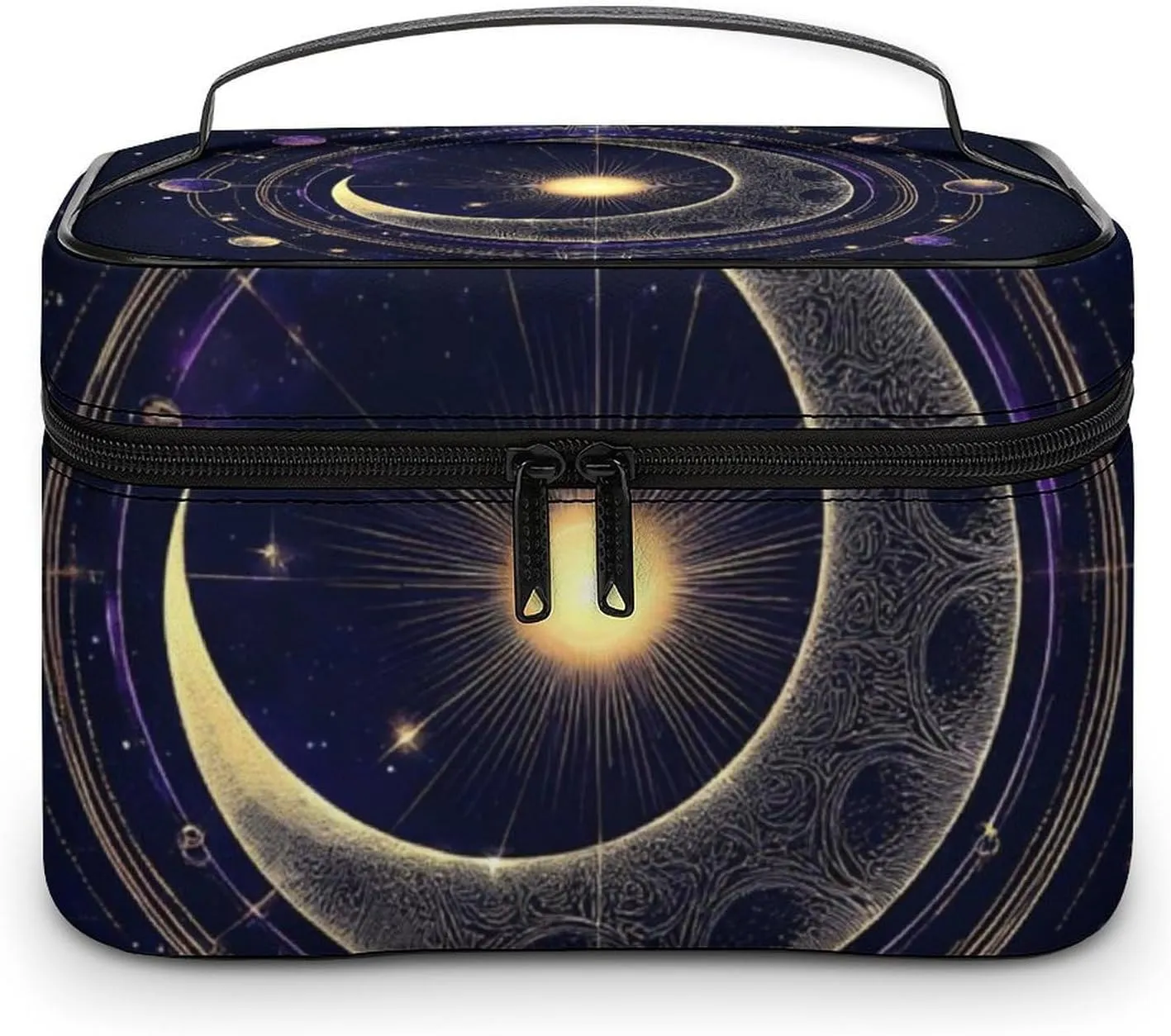 Large Capacity Makeup Organizer Bag, Portable Stylish Cosmetic Case with Zipper Pouch Sacred Geometric Symbol Purple Space Galaxy Stars Mystic Sun Moon Toiletry Storage Bag Travel Accessories