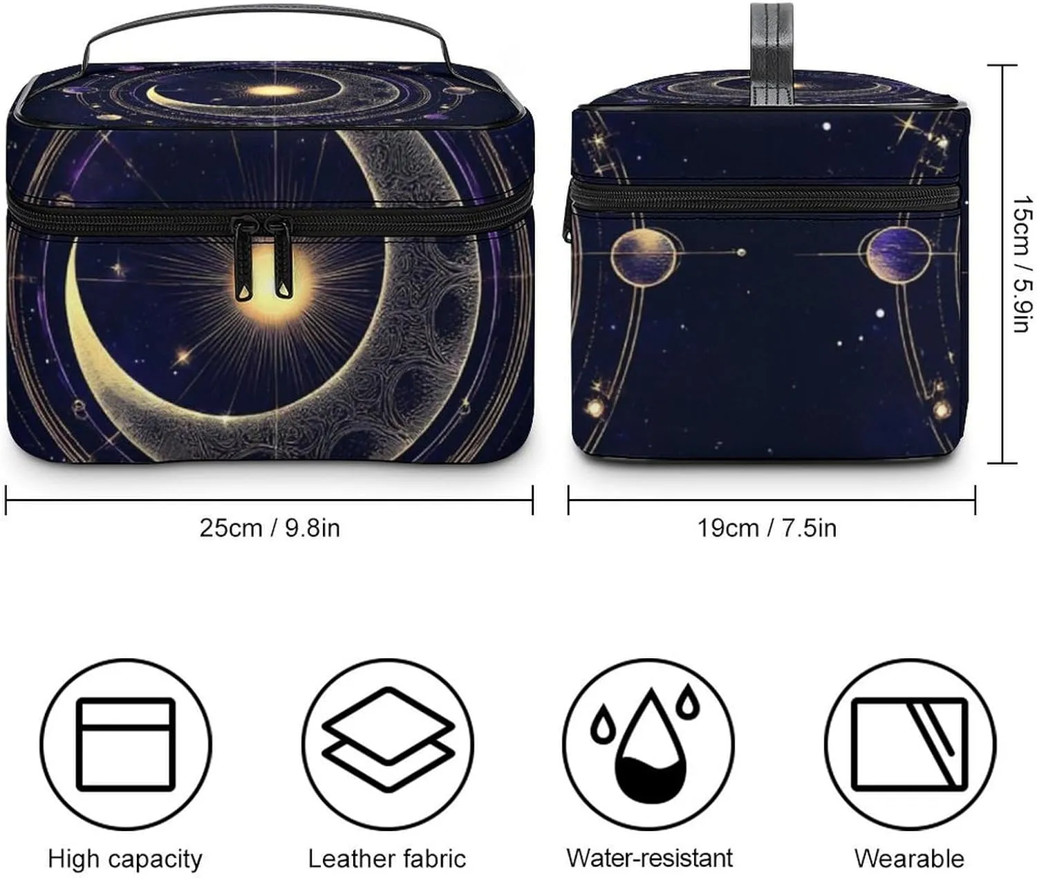 Large Capacity Makeup Organizer Bag, Portable Stylish Cosmetic Case with Zipper Pouch Sacred Geometric Symbol Purple Space Galaxy Stars Mystic Sun Moon Toiletry Storage Bag Travel Accessories