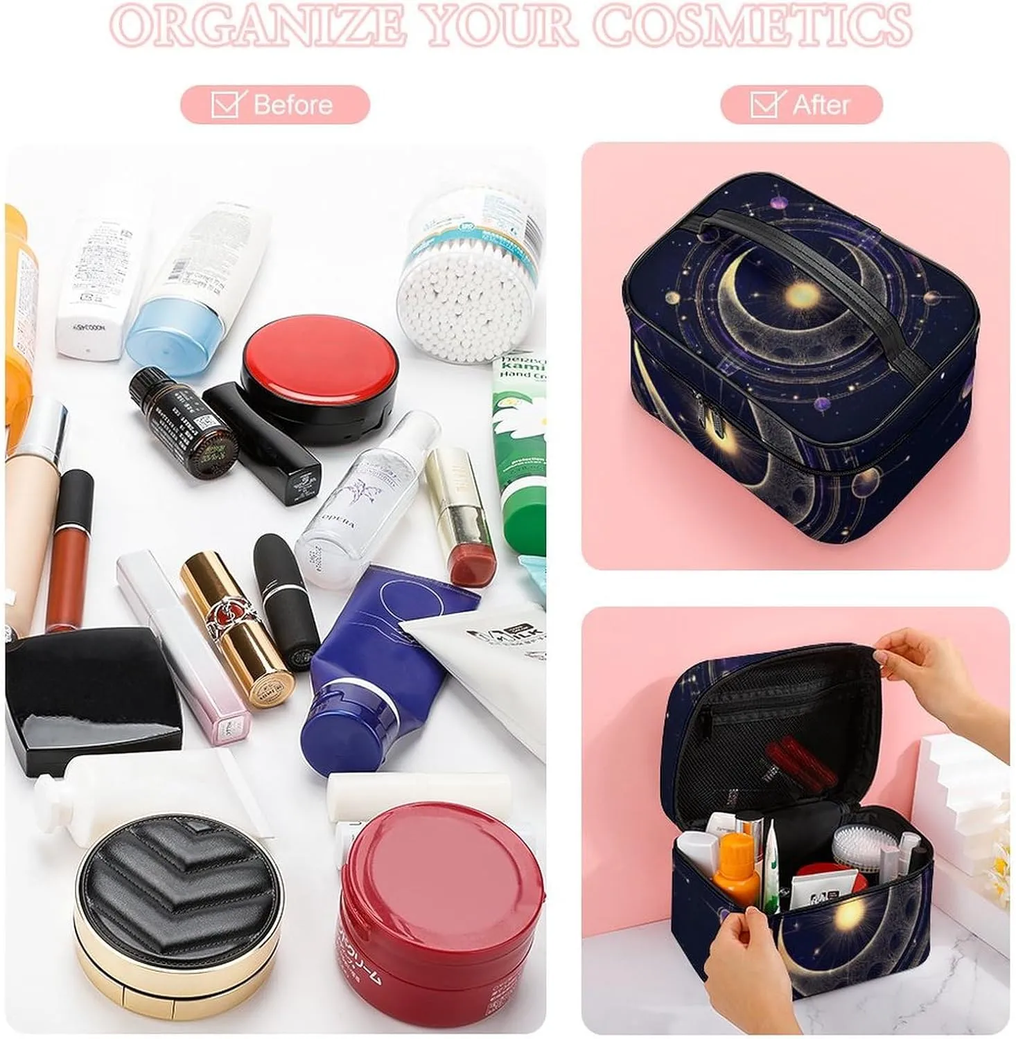 Large Capacity Makeup Organizer Bag, Portable Stylish Cosmetic Case with Zipper Pouch Sacred Geometric Symbol Purple Space Galaxy Stars Mystic Sun Moon Toiletry Storage Bag Travel Accessories