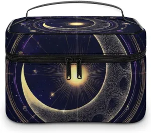 Large Capacity Makeup Organizer Bag, Portable Stylish Cosmetic Case with Zipper Pouch Sacred Geometric Symbol Purple Space Galaxy Stars Mystic Sun Moon Toiletry Storage Bag Travel Accessories
