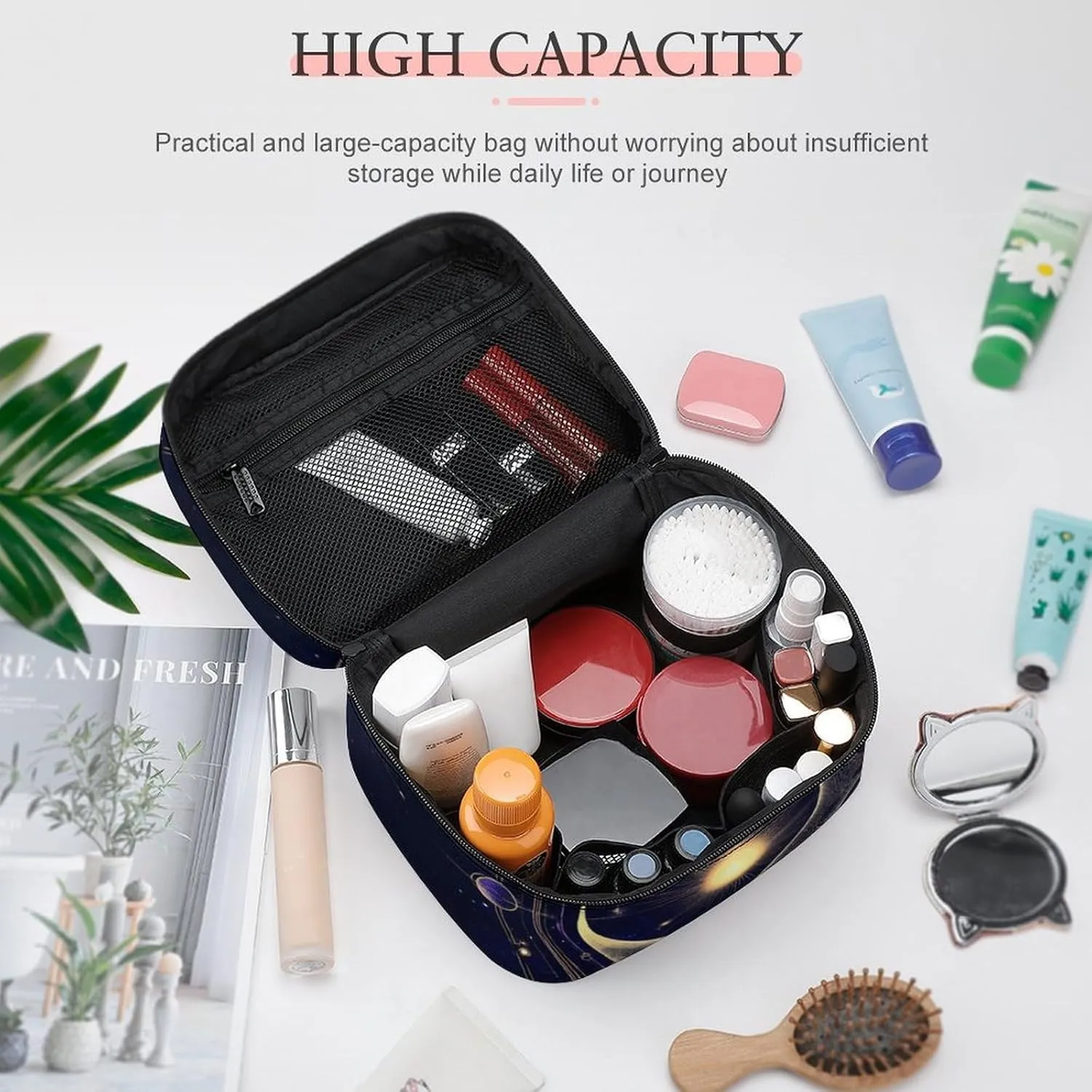 Large Capacity Makeup Organizer Bag, Portable Stylish Cosmetic Case with Zipper Pouch Sacred Geometric Symbol Purple Space Galaxy Stars Mystic Sun Moon Toiletry Storage Bag Travel Accessories