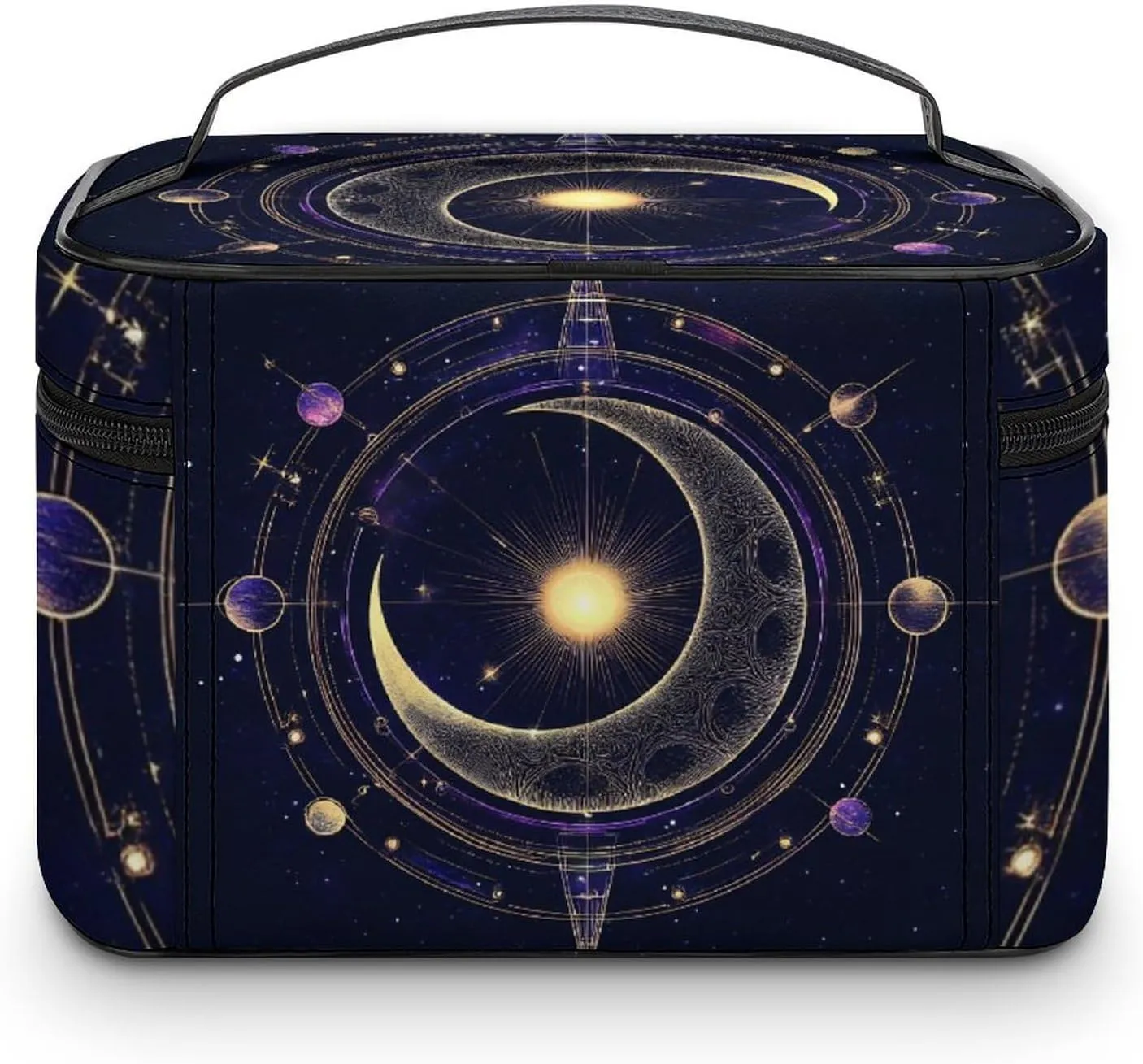 Large Capacity Makeup Organizer Bag, Portable Stylish Cosmetic Case with Zipper Pouch Sacred Geometric Symbol Purple Space Galaxy Stars Mystic Sun Moon Toiletry Storage Bag Travel Accessories