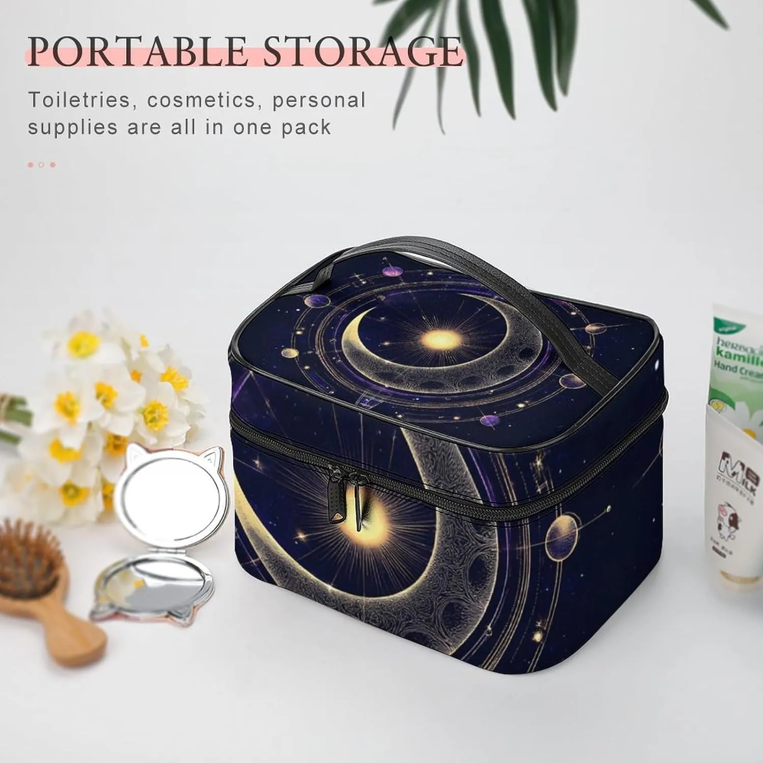 Large Capacity Makeup Organizer Bag, Portable Stylish Cosmetic Case with Zipper Pouch Sacred Geometric Symbol Purple Space Galaxy Stars Mystic Sun Moon Toiletry Storage Bag Travel Accessories
