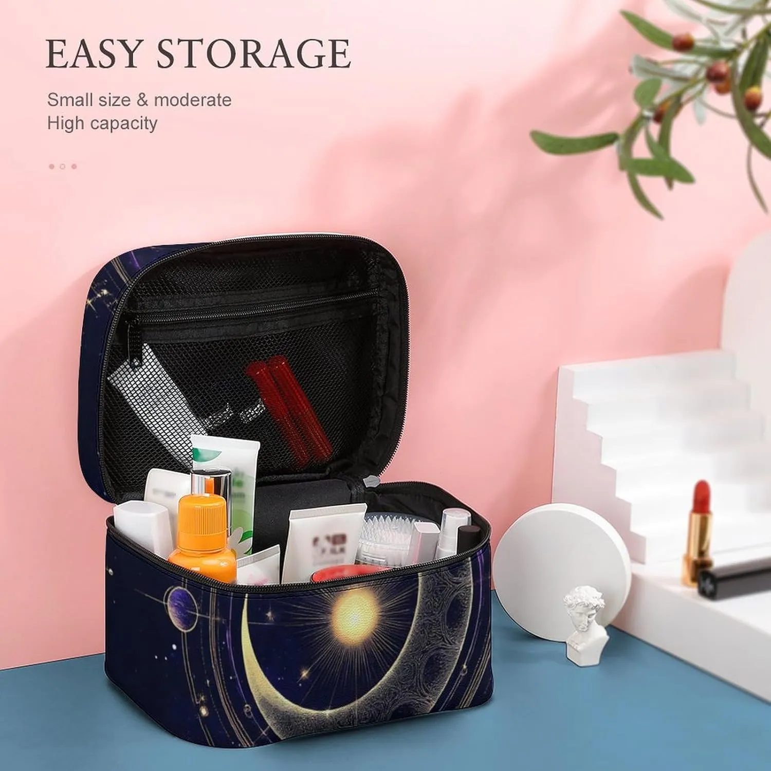 Large Capacity Makeup Organizer Bag, Portable Stylish Cosmetic Case with Zipper Pouch Sacred Geometric Symbol Purple Space Galaxy Stars Mystic Sun Moon Toiletry Storage Bag Travel Accessories