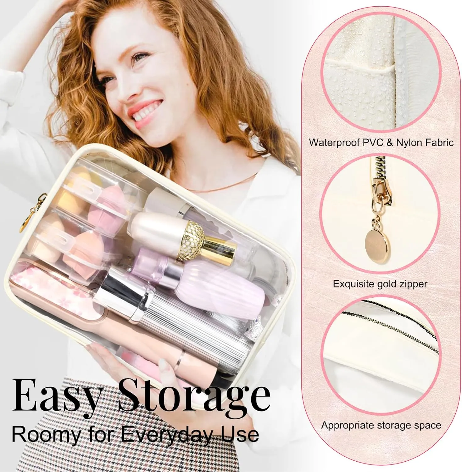 Large Makeup Bag for Purse Clear Makeup Bag Nylon&PVC Travel White Cosmetic Bag Preppy Cosmetic Zipper Pouc Toiletry Organizers Bag Coin Purse for Women
