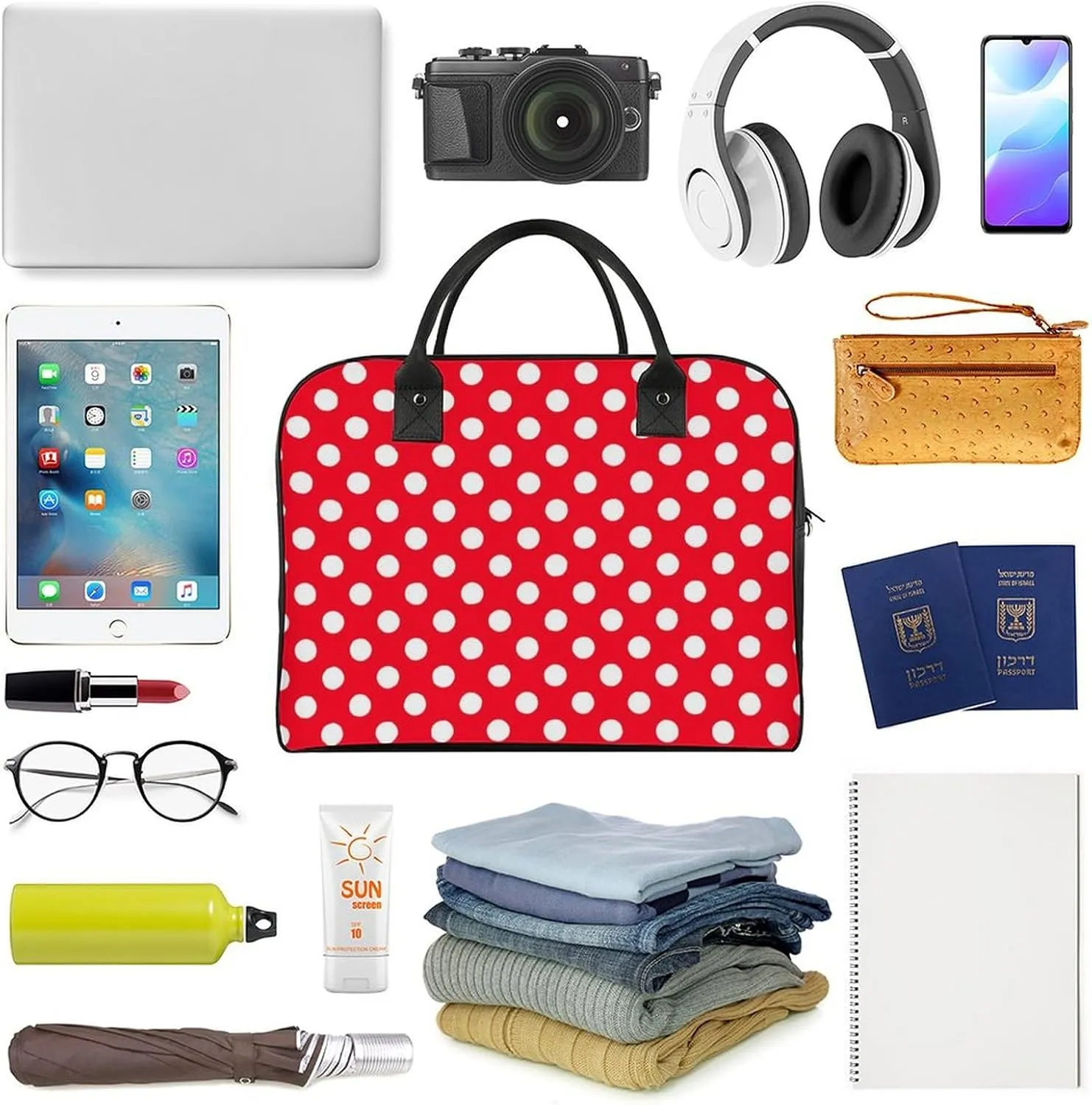 Large Portable Travel Bag, Carry On Bag, Sports Gym Dance Soft Bag, Oversized Weekender Bag For Women And Men Compatible with White Red Polka Dots