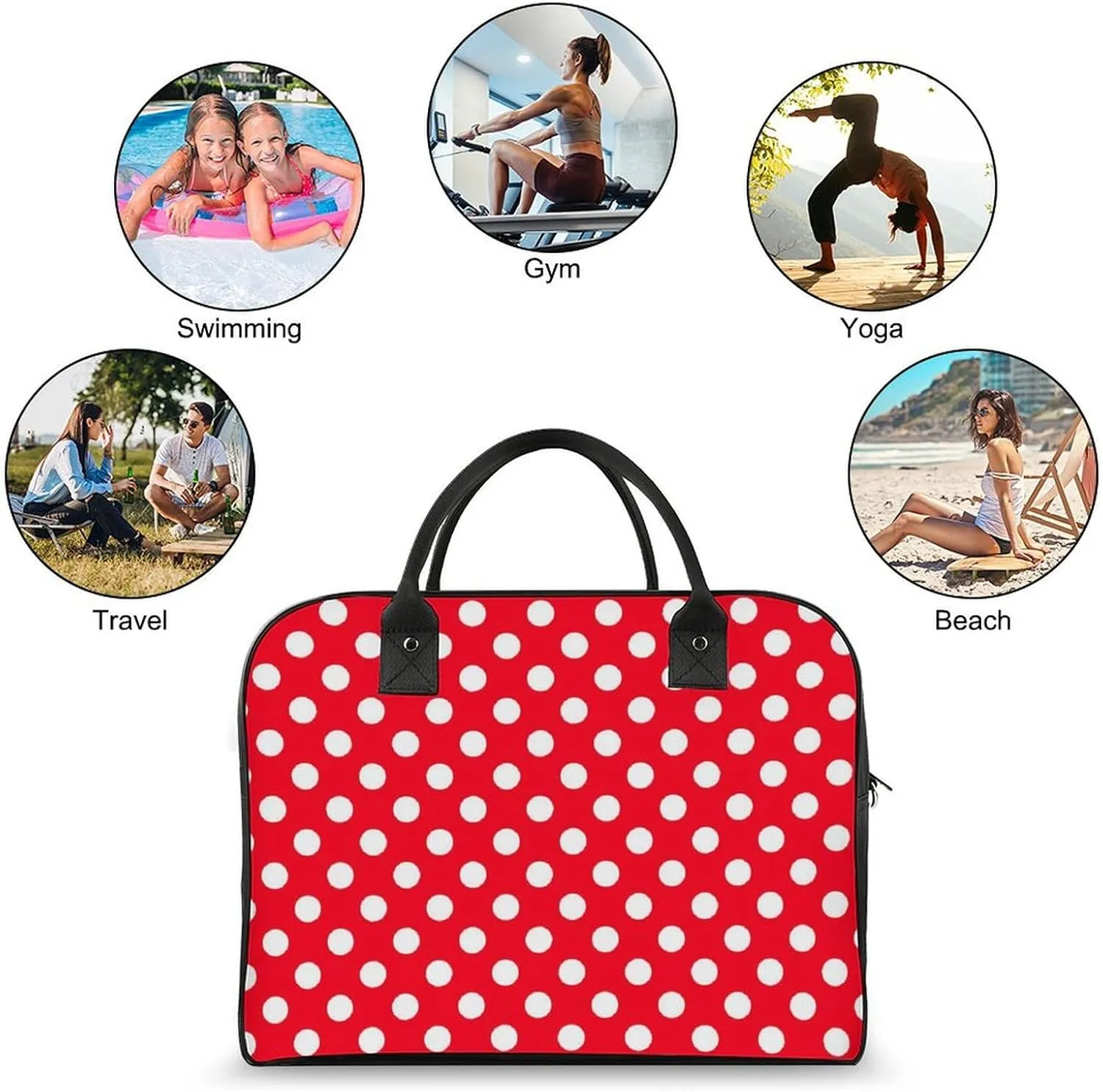 Large Portable Travel Bag, Carry On Bag, Sports Gym Dance Soft Bag, Oversized Weekender Bag For Women And Men Compatible with White Red Polka Dots