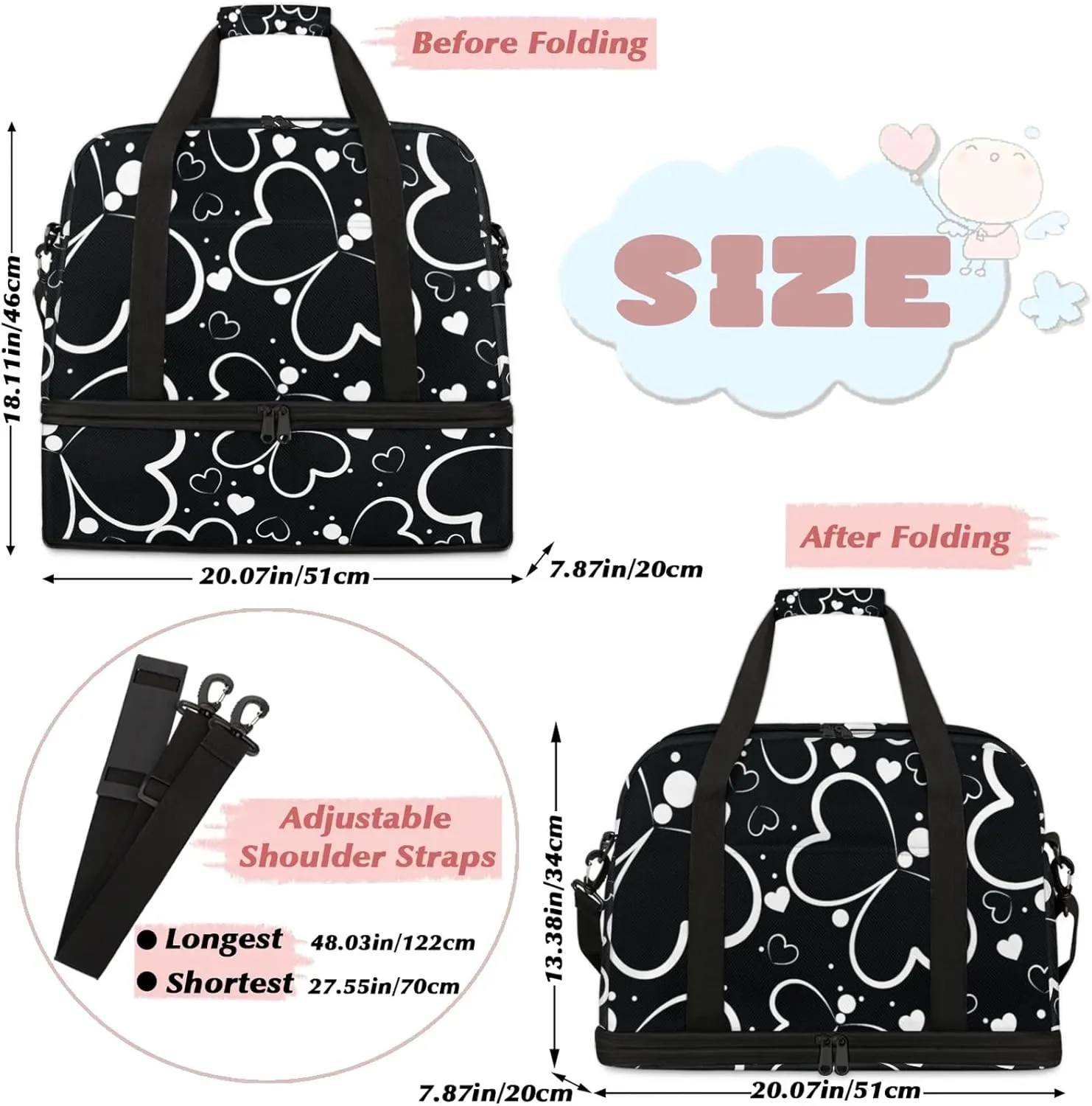 Large Travel Duffel Bag for Women Men Cute Butterfly Love Gym Bag Weekender Overnight Bags With Shoe Compartment Foldie Travel Tote Bag Carry On Personal Item Bag for Travel Gym Sports