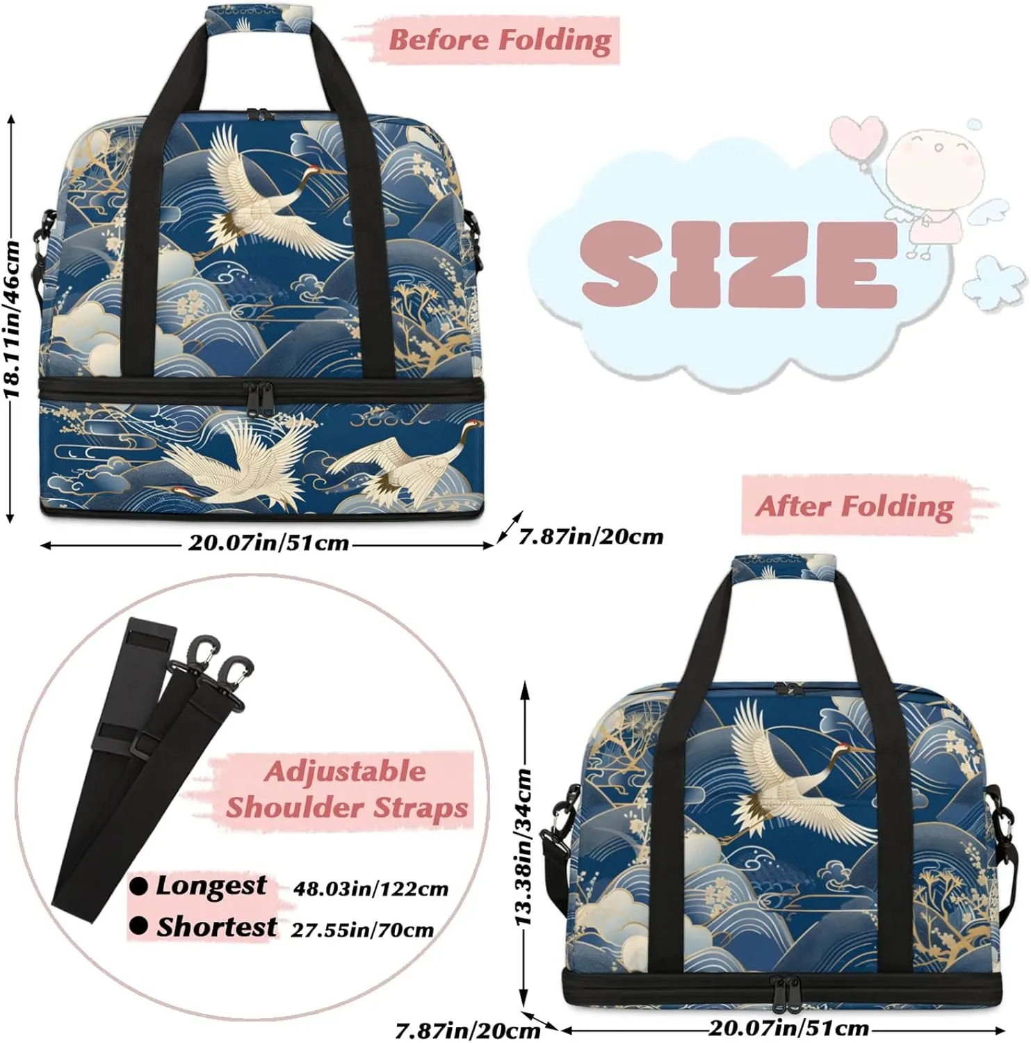 Large Travel Duffel Bag for Women Men Japanese Waves Crane Gym Bag Weekender Overnight Bags With Shoe Compartment Foldie Travel Tote Bag Carry On Personal Item Bag for Travel Gym Sports