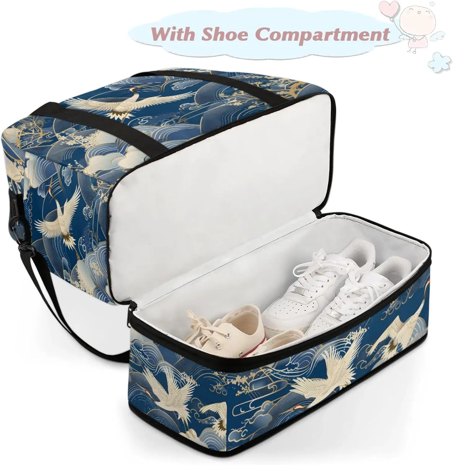 Large Travel Duffel Bag for Women Men Japanese Waves Crane Gym Bag Weekender Overnight Bags With Shoe Compartment Foldie Travel Tote Bag Carry On Personal Item Bag for Travel Gym Sports