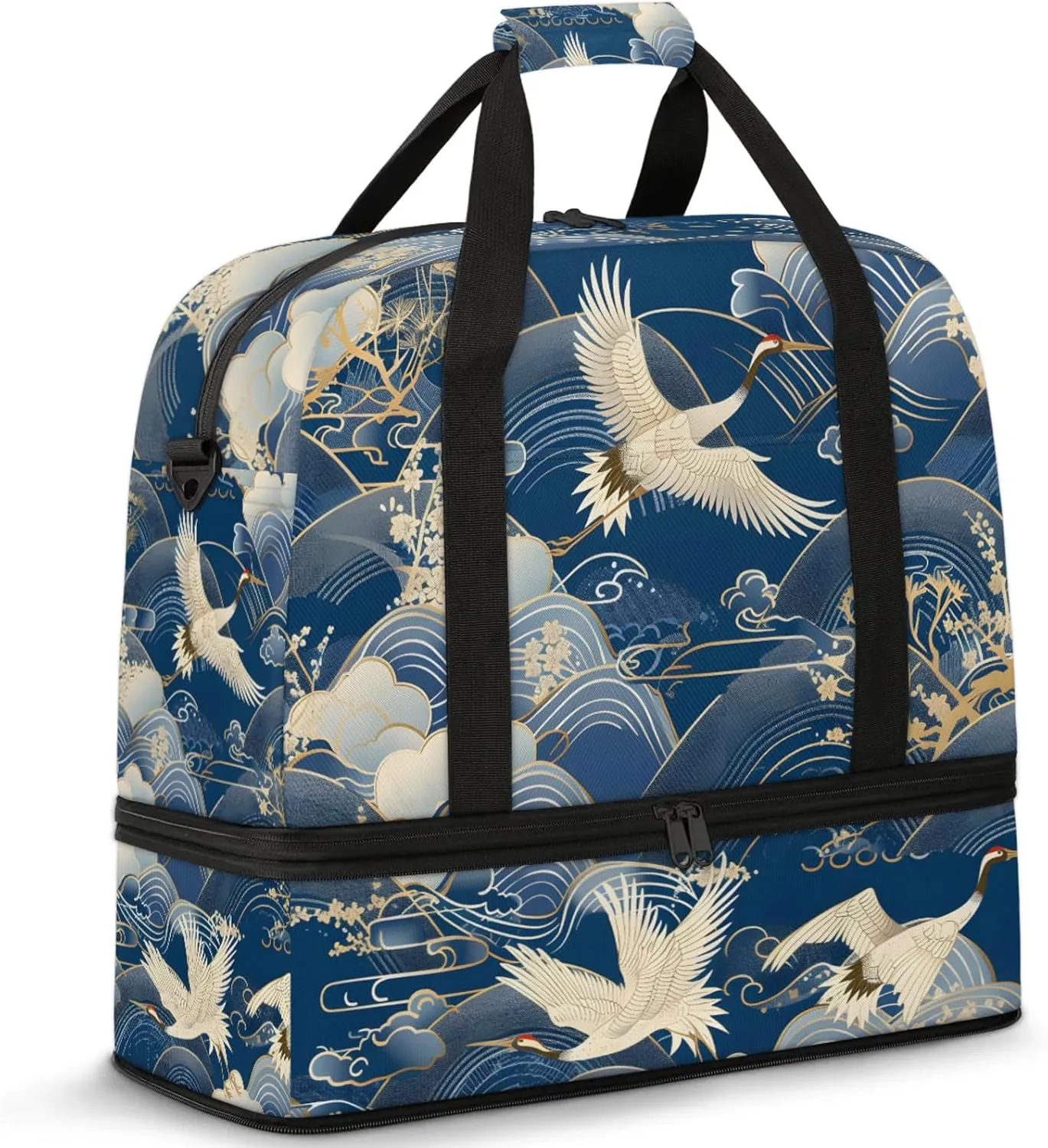 Large Travel Duffel Bag for Women Men Japanese Waves Crane Gym Bag Weekender Overnight Bags With Shoe Compartment Foldie Travel Tote Bag Carry On Personal Item Bag for Travel Gym Sports