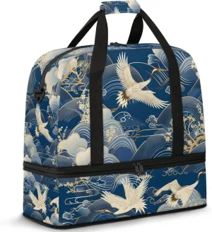 Large Travel Duffel Bag for Women Men Japanese Waves Crane Gym Bag Weekender Overnight Bags With Shoe Compartment Foldie Travel Tote Bag Carry On Personal Item Bag for Travel Gym Sports