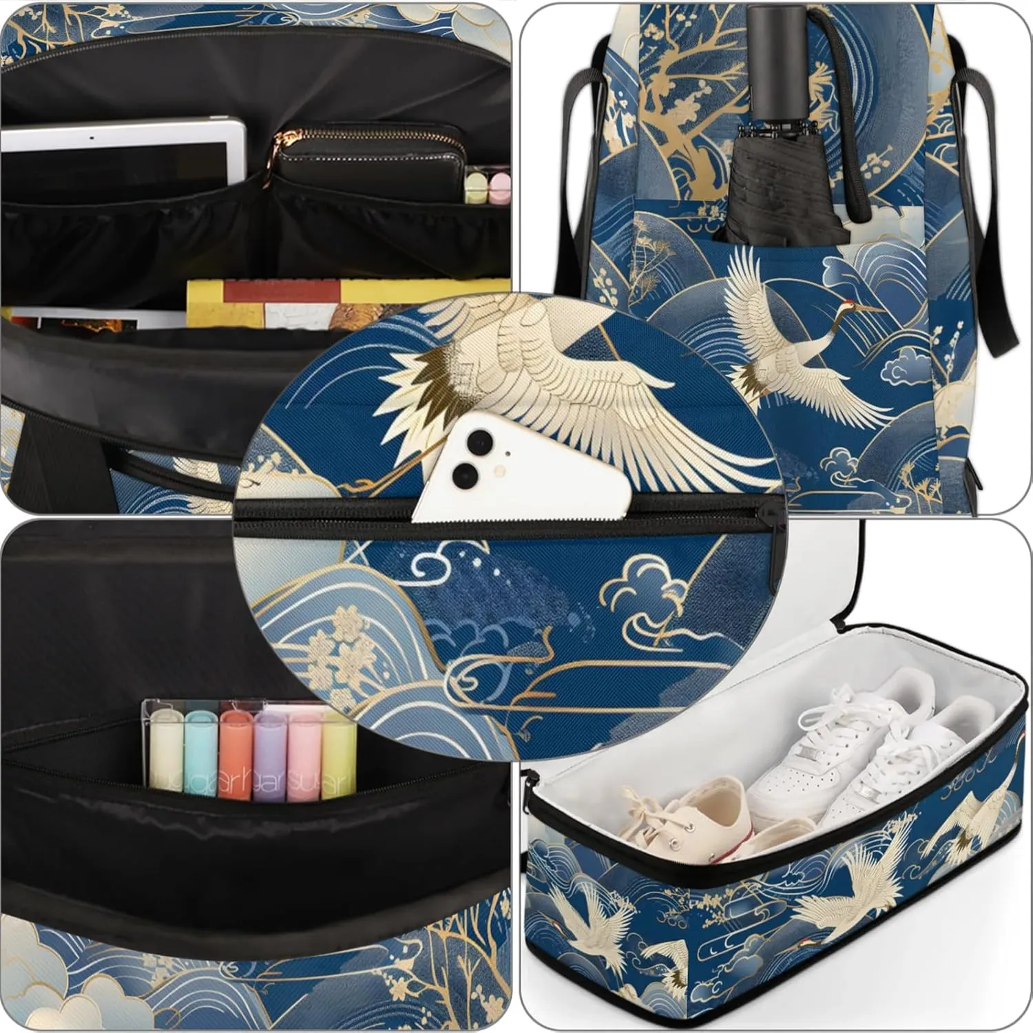 Large Travel Duffel Bag for Women Men Japanese Waves Crane Gym Bag Weekender Overnight Bags With Shoe Compartment Foldie Travel Tote Bag Carry On Personal Item Bag for Travel Gym Sports