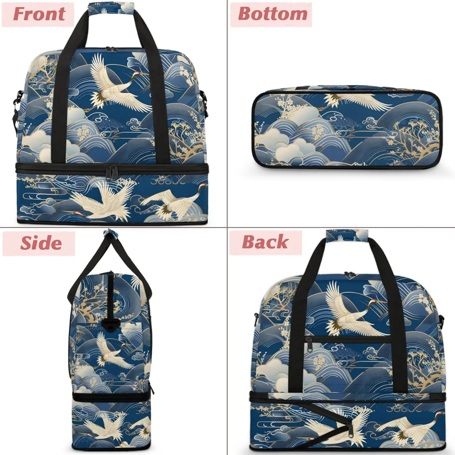 Large Travel Duffel Bag for Women Men Japanese Waves Crane Gym Bag Weekender Overnight Bags With Shoe Compartment Foldie Travel Tote Bag Carry On Personal Item Bag for Travel Gym Sports