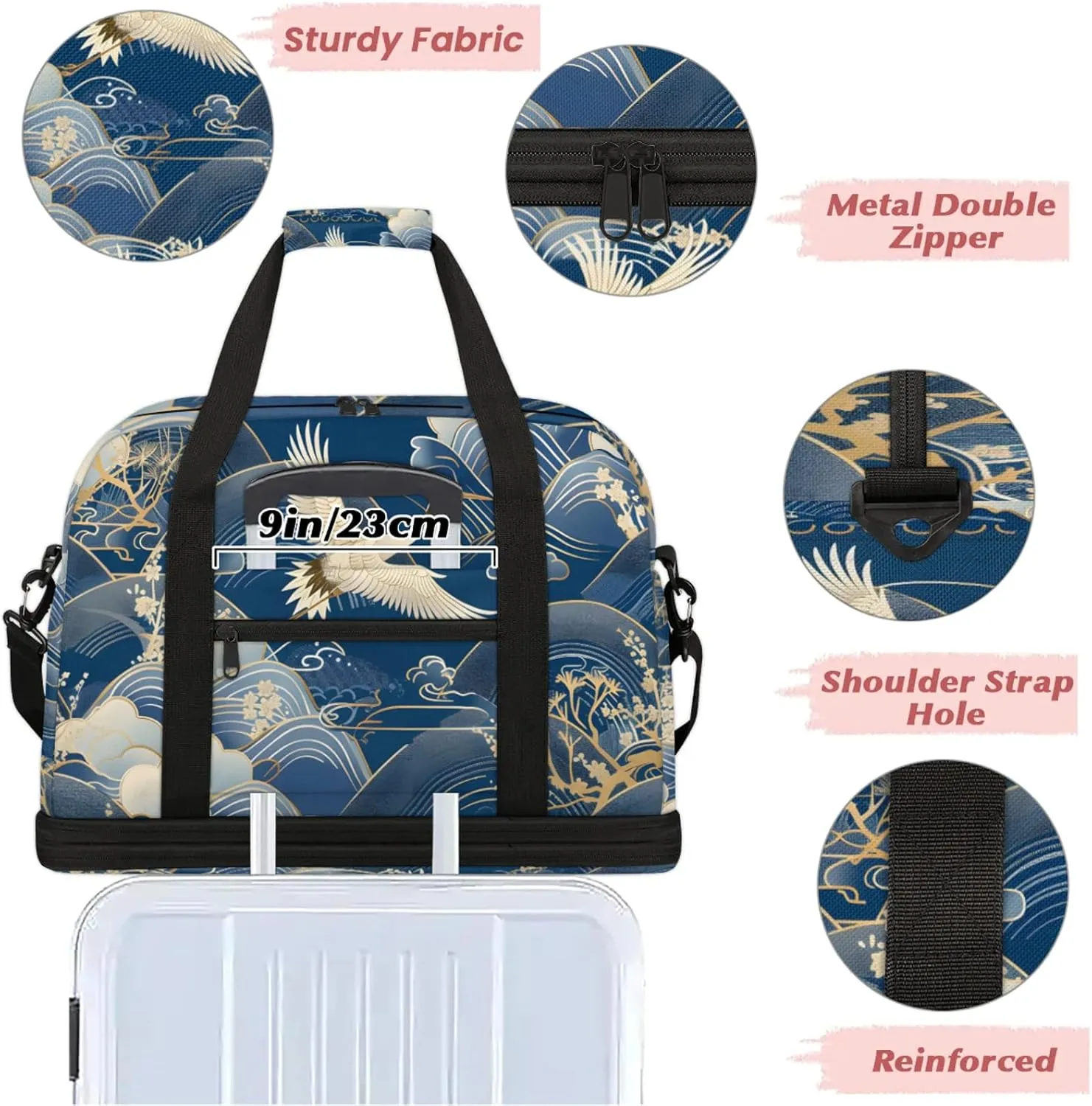 Large Travel Duffel Bag for Women Men Japanese Waves Crane Gym Bag Weekender Overnight Bags With Shoe Compartment Foldie Travel Tote Bag Carry On Personal Item Bag for Travel Gym Sports