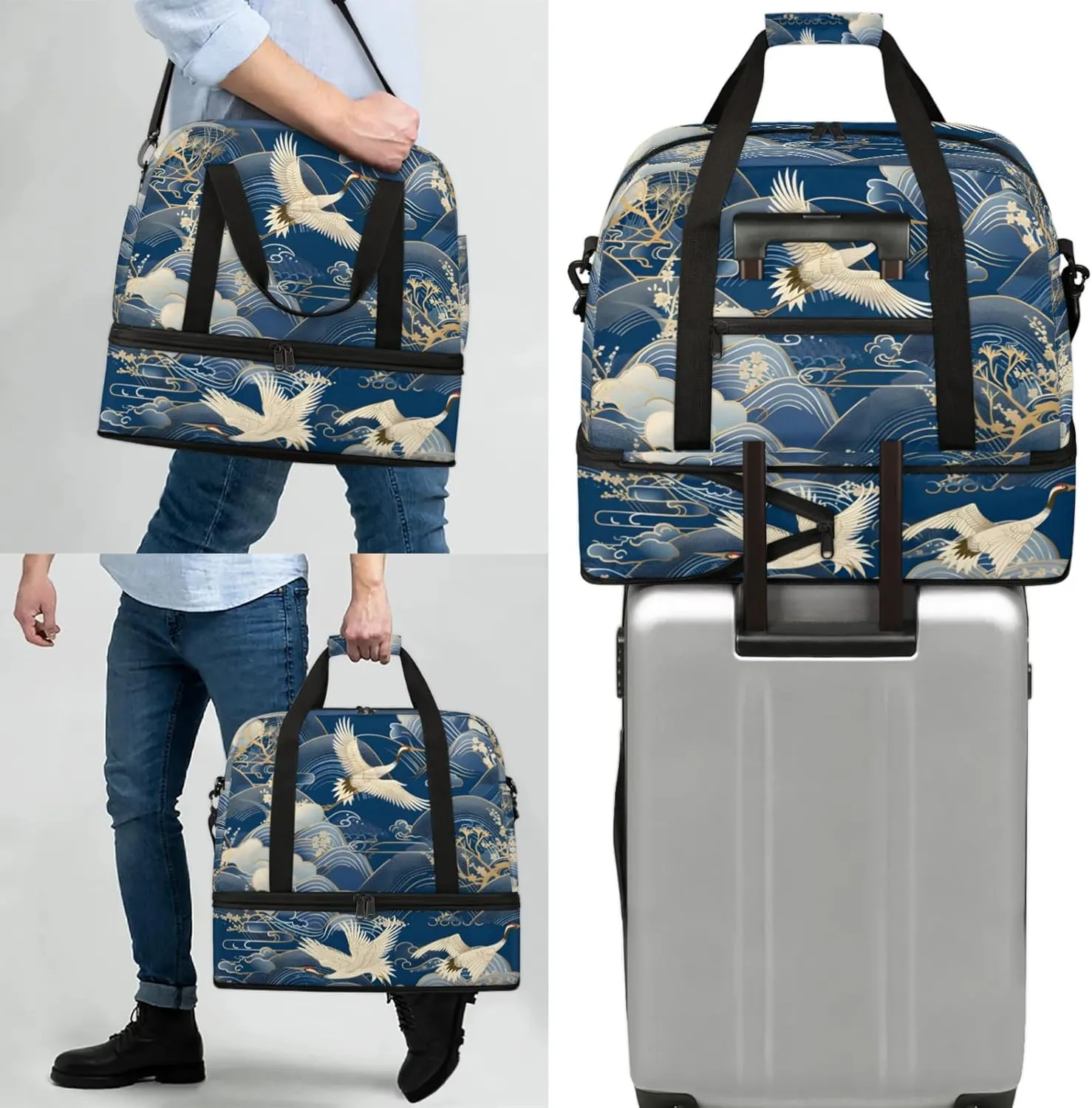 Large Travel Duffel Bag for Women Men Japanese Waves Crane Gym Bag Weekender Overnight Bags With Shoe Compartment Foldie Travel Tote Bag Carry On Personal Item Bag for Travel Gym Sports