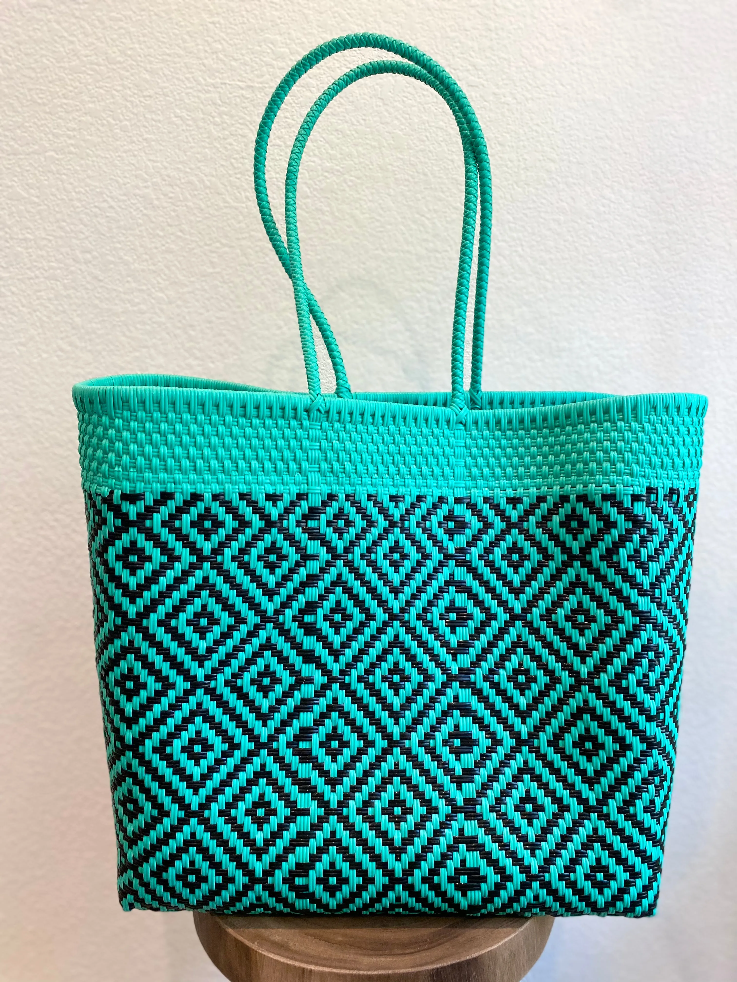 Large Turquoise and Black Woven Tote