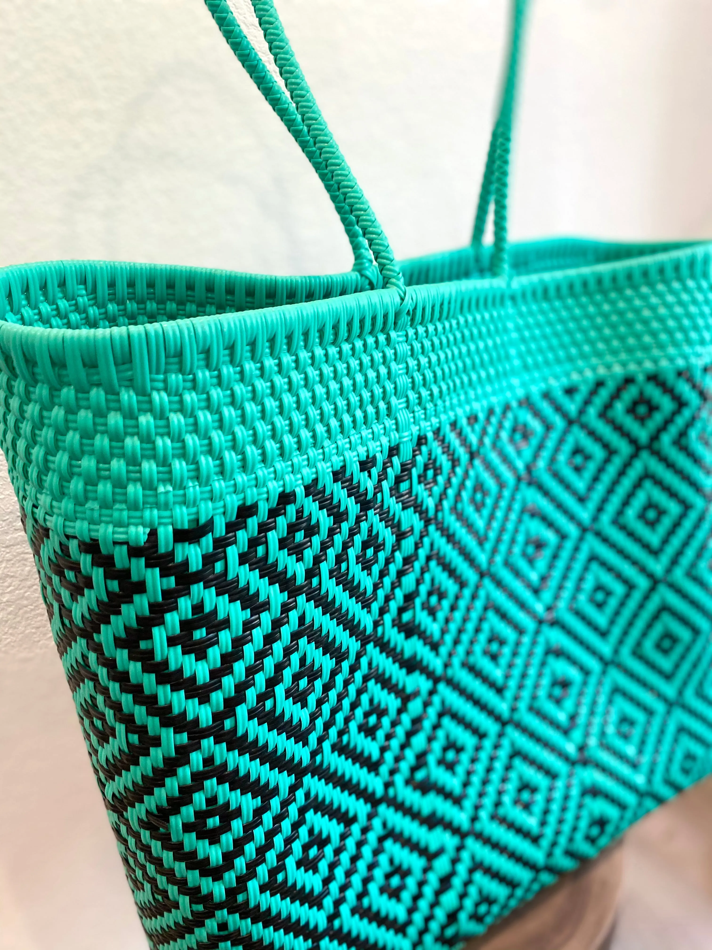 Large Turquoise and Black Woven Tote